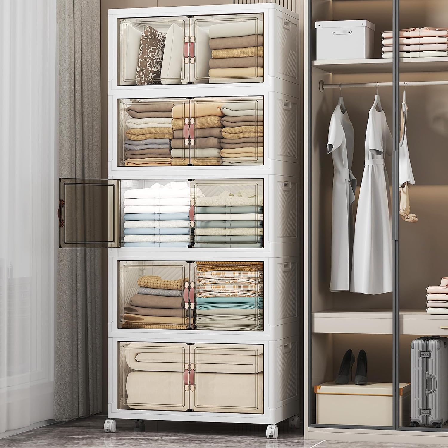 UAMFURI Extra Large Stackable Storage Bins with Lids & Wheels & Door, 660QT-165QT/41GAL*4Pack Foldable Collapsible Closet Organizers, Plastic Containers Drawers for Bedroom Dorm Garage