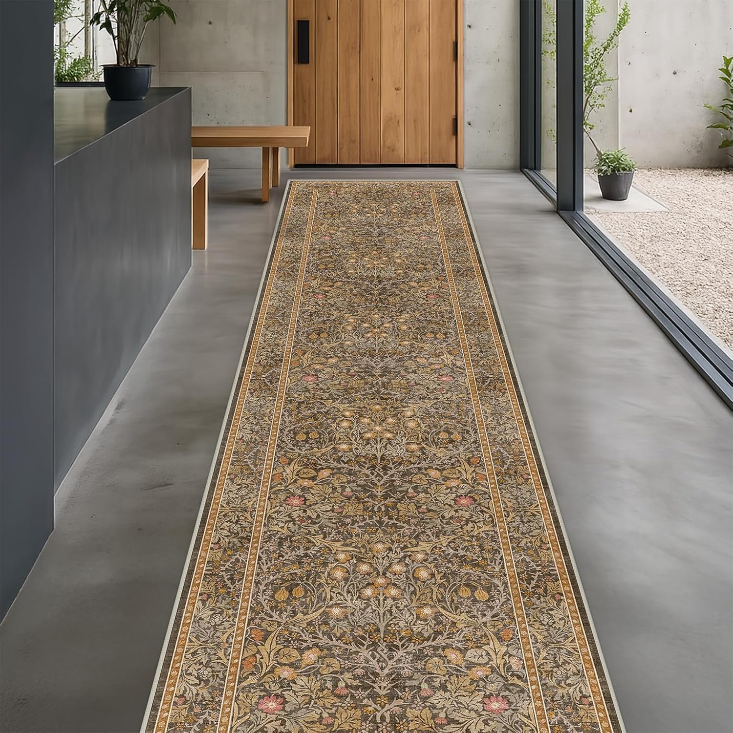 Dark Green Floral Living Room Rug 5x7 Area Rug - Vintage Forest Washable Mat for Dining Room, Bedroom, Low Pile Non Slip Stain Resistance Distressed Retro Indoor Boho Carpet (5x7 Dark Green)