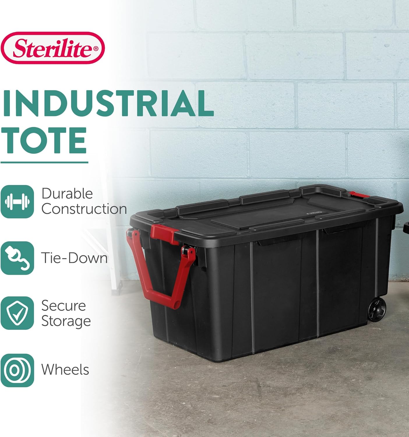 Sterilite 4-Pack Industrial Tote, Heavy-Duty Storage Bins w/Lids and Wheels, 40 Gallon - Stackable Organizing Containers for Home, Garage, Office, and Basement