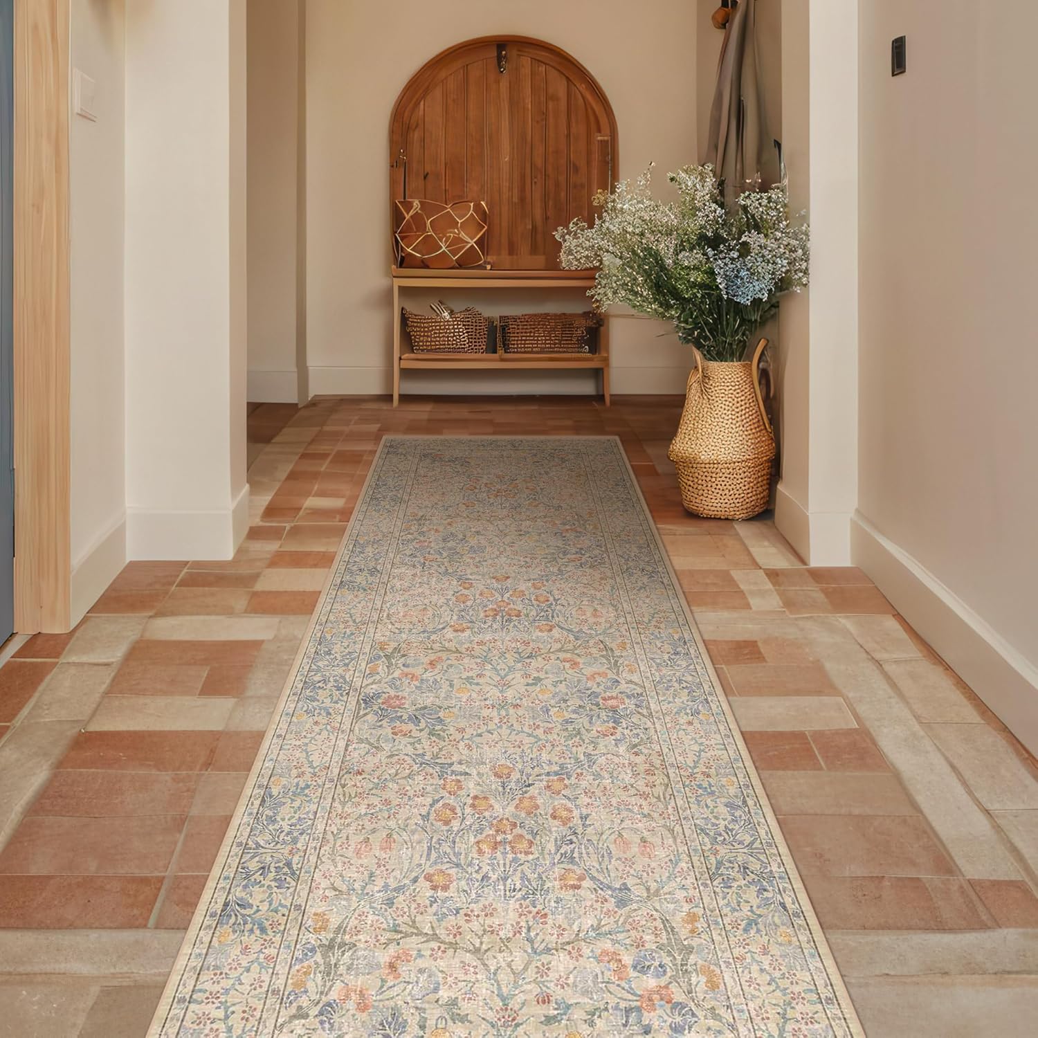 Dark Green Floral Living Room Rug 5x7 Area Rug - Vintage Forest Washable Mat for Dining Room, Bedroom, Low Pile Non Slip Stain Resistance Distressed Retro Indoor Boho Carpet (5x7 Dark Green)