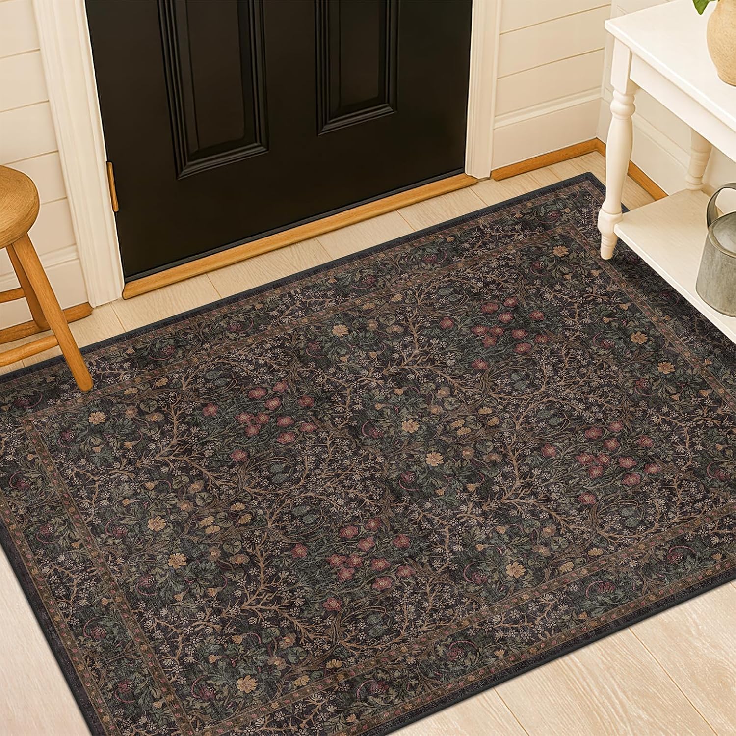 Dark Green Floral Living Room Rug 5x7 Area Rug - Vintage Forest Washable Mat for Dining Room, Bedroom, Low Pile Non Slip Stain Resistance Distressed Retro Indoor Boho Carpet (5x7 Dark Green)