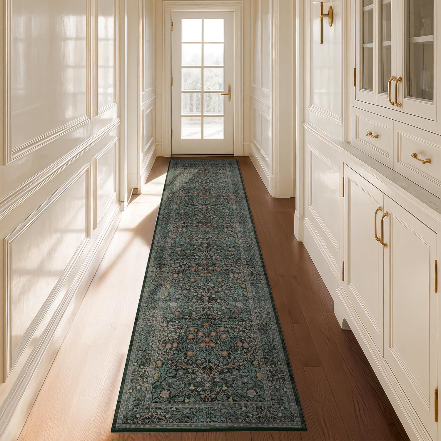 Dark Green Floral Living Room Rug 5x7 Area Rug - Vintage Forest Washable Mat for Dining Room, Bedroom, Low Pile Non Slip Stain Resistance Distressed Retro Indoor Boho Carpet (5x7 Dark Green)