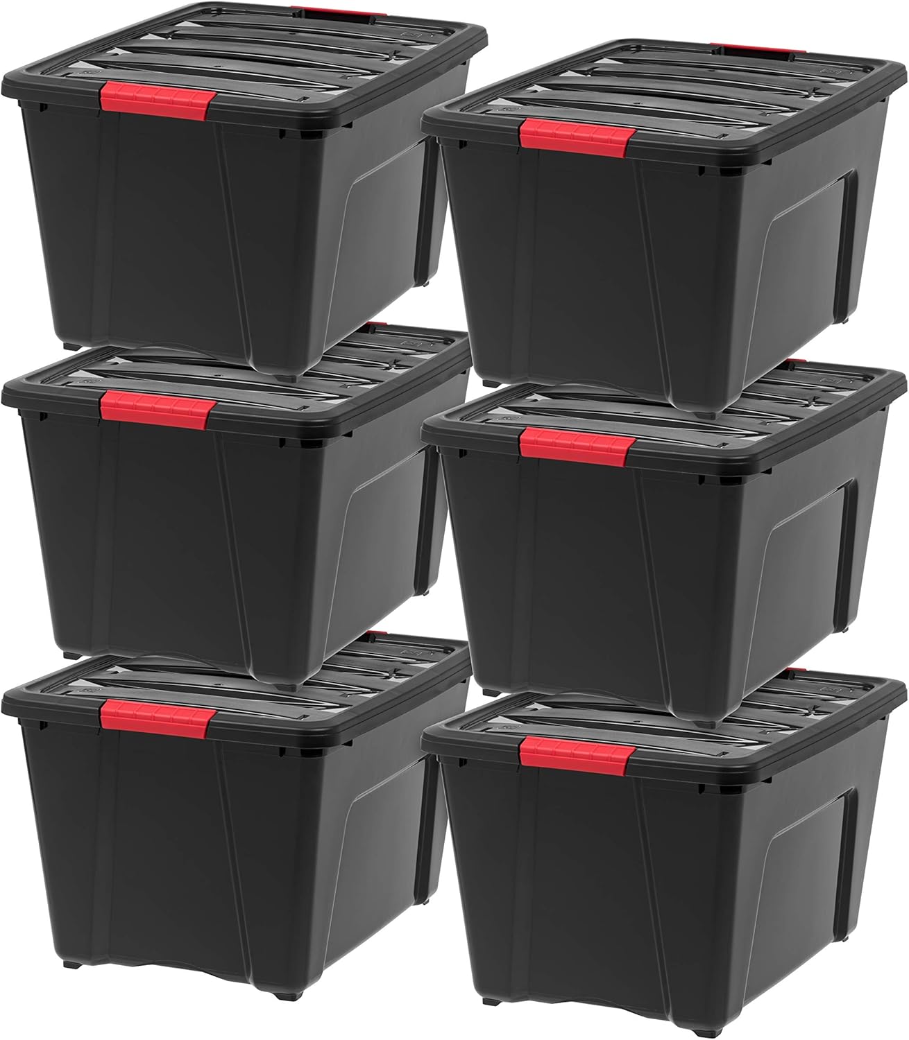 IRIS USA 54 Qt Stackable Plastic Storage Bins with Lids, 6 Pack - BPA-Free, Made in USA - See-Through Organizing Solution, Latches, Durable Nestable Containers, Secure Pull Handle - Clear