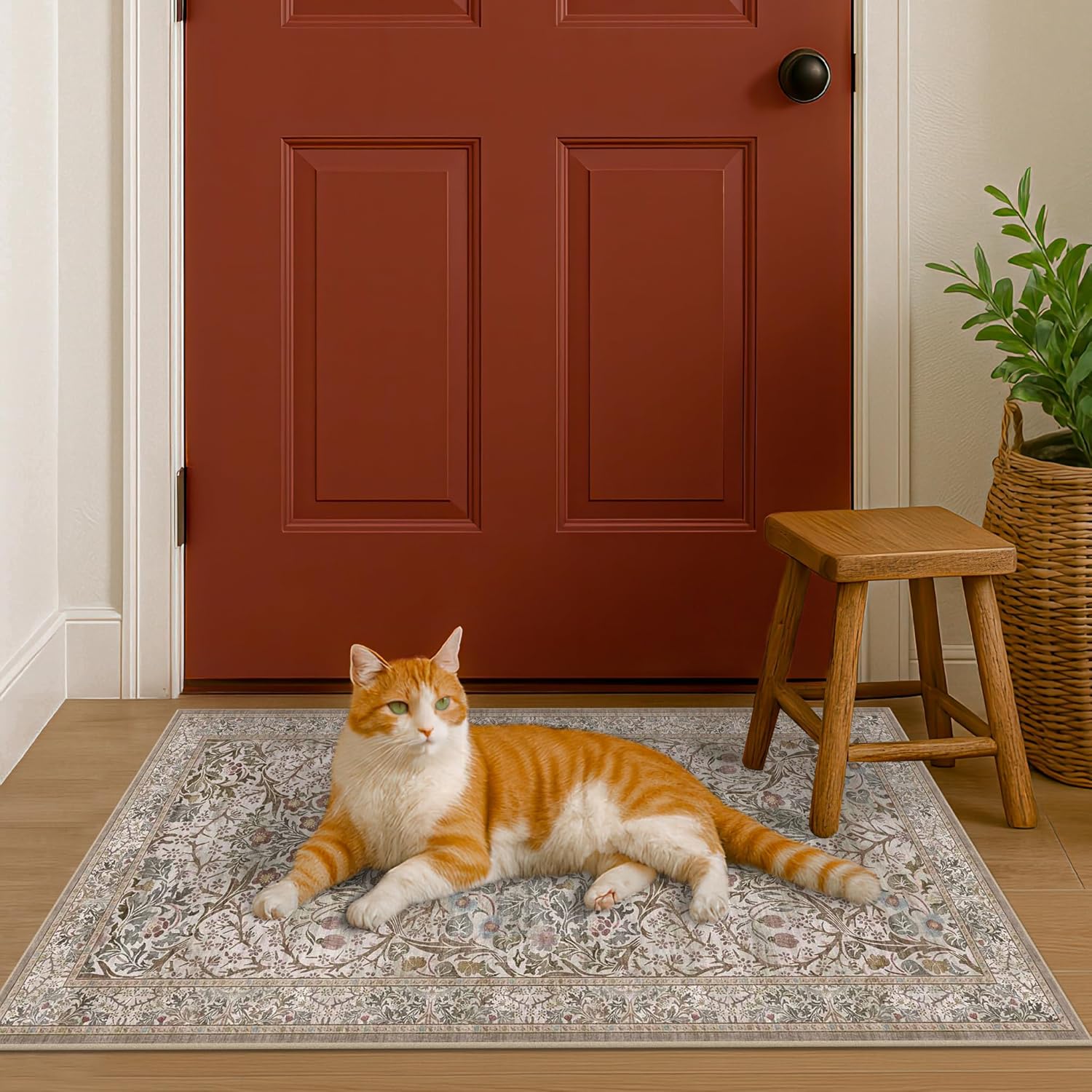 Dark Green Floral Living Room Rug 5x7 Area Rug - Vintage Forest Washable Mat for Dining Room, Bedroom, Low Pile Non Slip Stain Resistance Distressed Retro Indoor Boho Carpet (5x7 Dark Green)