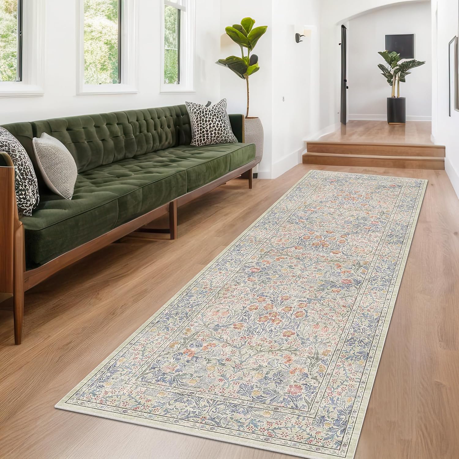 Dark Green Floral Living Room Rug 5x7 Area Rug - Vintage Forest Washable Mat for Dining Room, Bedroom, Low Pile Non Slip Stain Resistance Distressed Retro Indoor Boho Carpet (5x7 Dark Green)