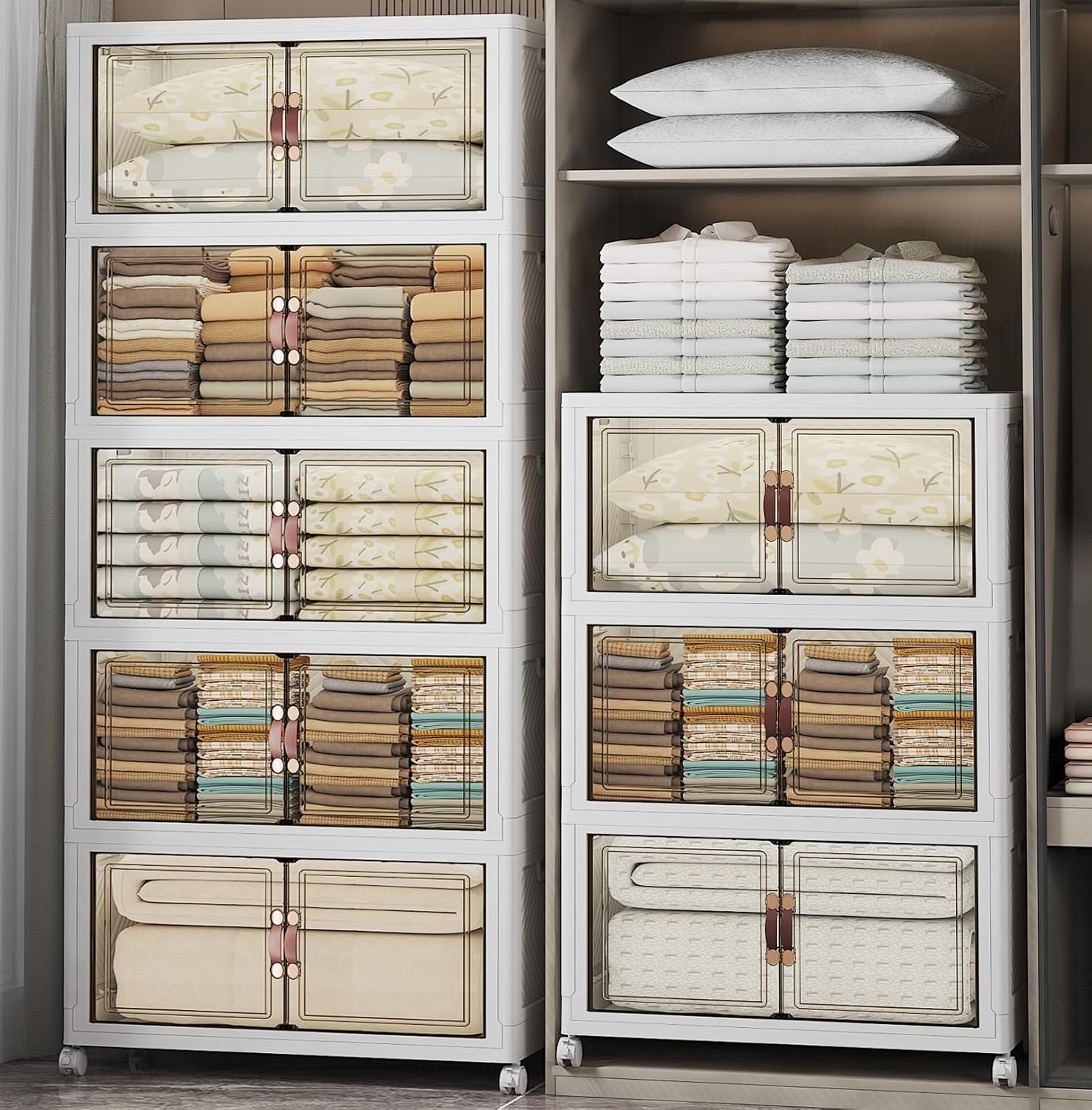 UAMFURI Extra Large Stackable Storage Bins with Lids & Wheels & Door, 660QT-165QT/41GAL*4Pack Foldable Collapsible Closet Organizers, Plastic Containers Drawers for Bedroom Dorm Garage