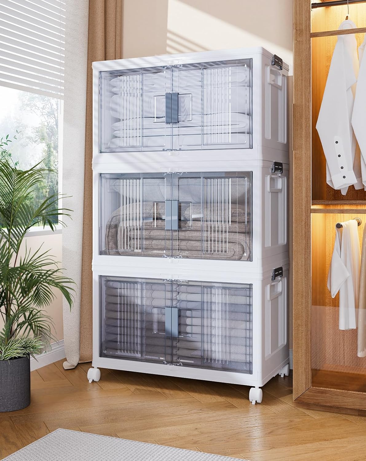 OlarHike 144QT Lockable Storage Bins with Lids - Folding Storage box with Doors and Wheels, Collapsible Plastic Bins for Closets, Stackable Organizer and Containers, Gifts, 3 Pack Cubes