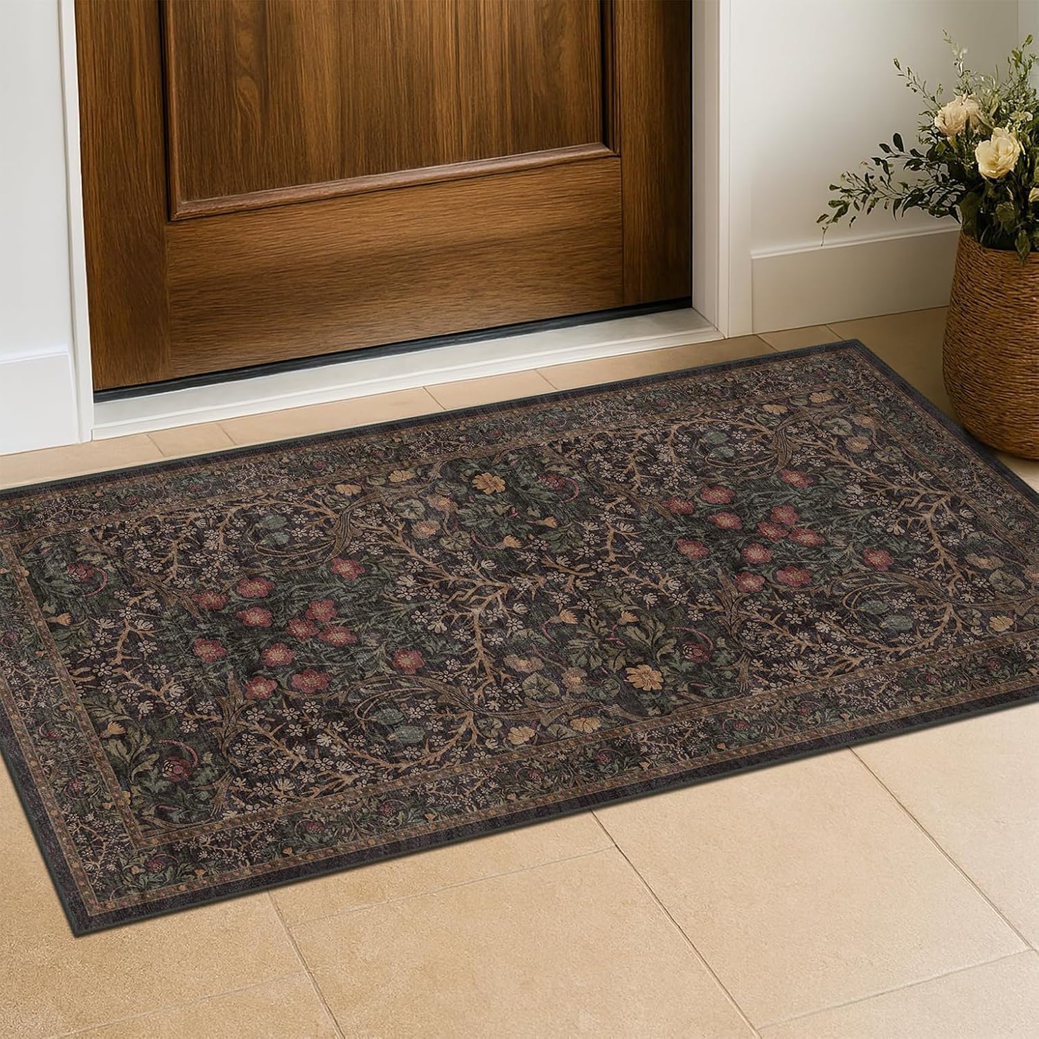 Dark Green Floral Living Room Rug 5x7 Area Rug - Vintage Forest Washable Mat for Dining Room, Bedroom, Low Pile Non Slip Stain Resistance Distressed Retro Indoor Boho Carpet (5x7 Dark Green)