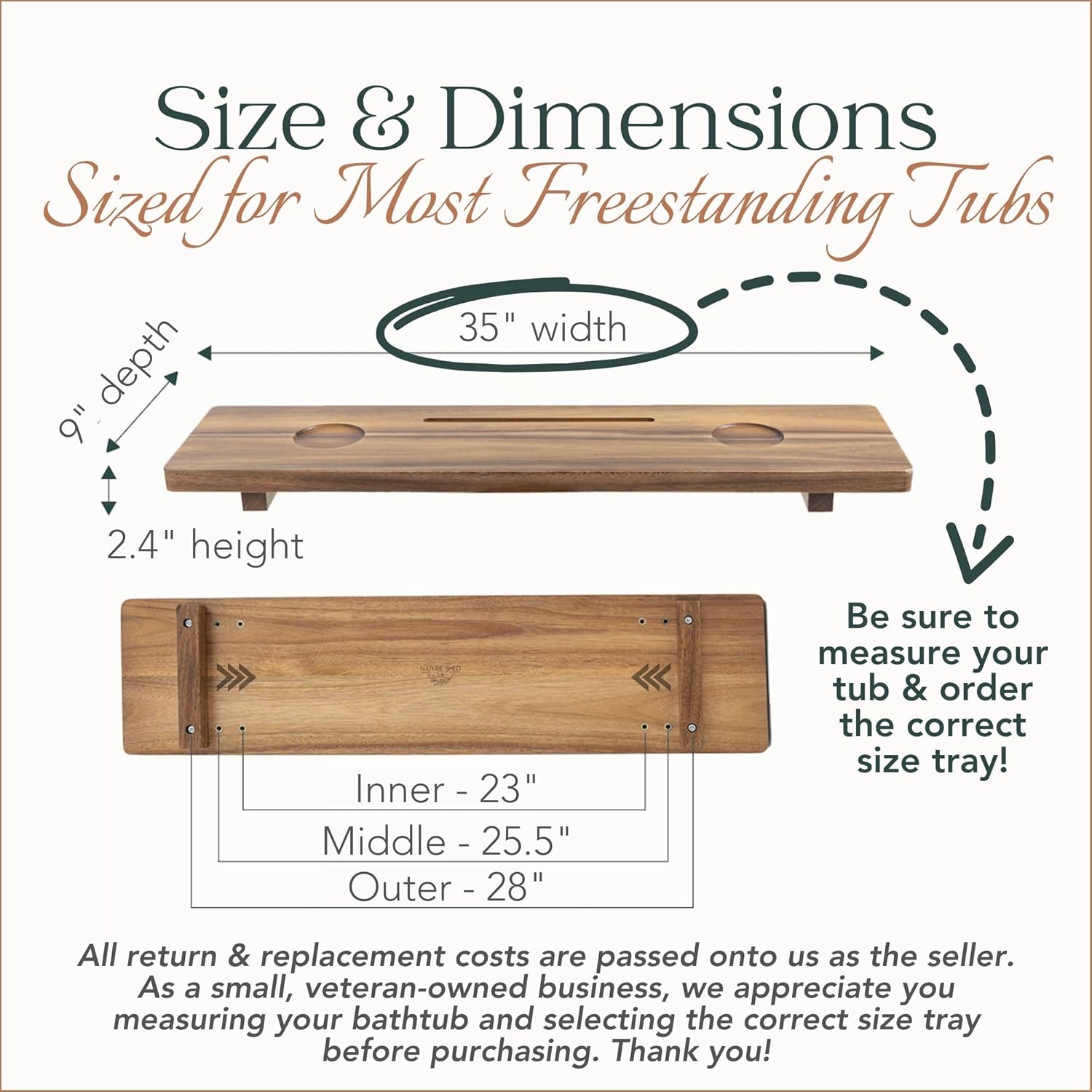 Premium Nature Shed Bathtub Tray for Freestanding Bath | Large & Thick 35” Acacia Wood Luxury Bath Tray for Tub | Anti-Tip, Non-Toxic, Adjustable Bathtub Trays for Tub with Bathroom Accessories Holder