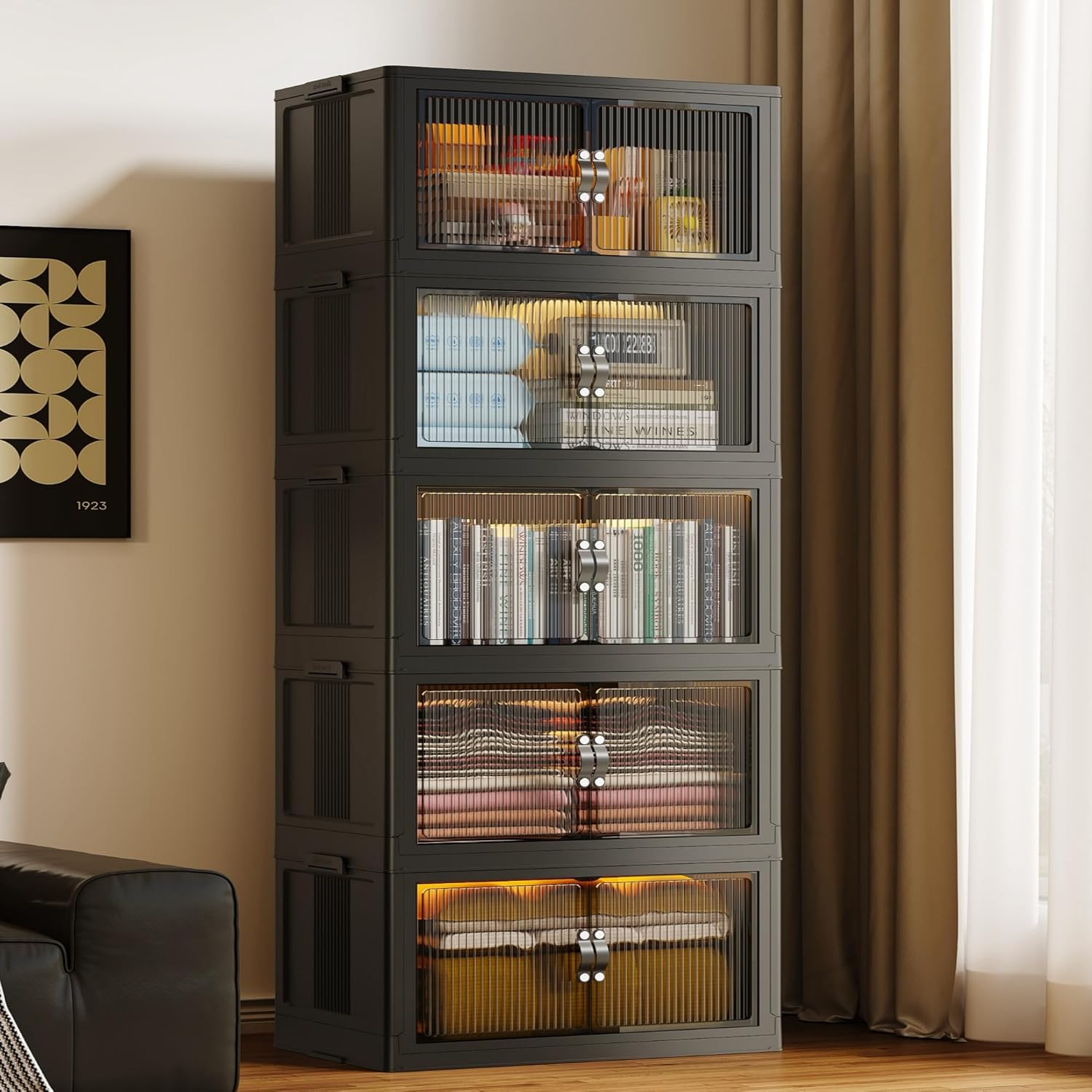 SAILUN 145Gal/580Qt Collapsible & Stackable Storage Bins with Door & a Lid,Perfect for Blanket Storage, Pillow Organizer, Bedroom Closet & Living Room, Black 26" W x 17" D x 71" H