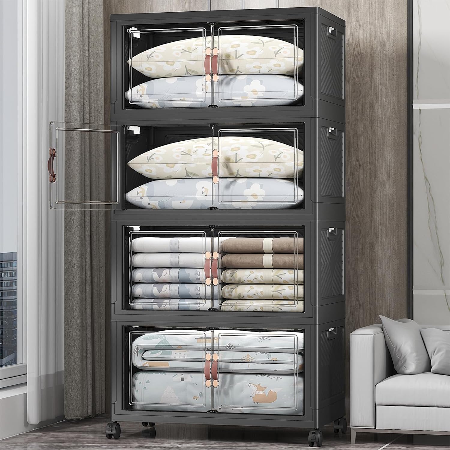 UAMFURI Extra Large Stackable Storage Bins with Lids & Wheels & Door, 660QT-165QT/41GAL*4Pack Foldable Collapsible Closet Organizers, Plastic Containers Drawers for Bedroom Dorm Garage