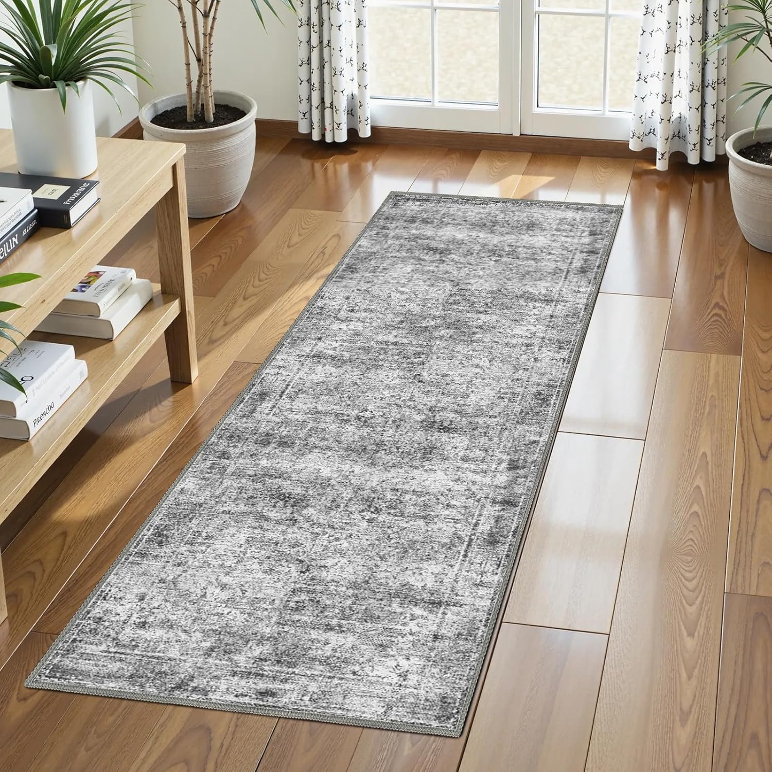 Washable Area Rug 8' x 10' Vintage Traditional Persian Mat - Foldable Distressed Non-Slip Machine Washable Carpet for Living Room Bedroom Kitchen Home Decor - Graphite and Mist