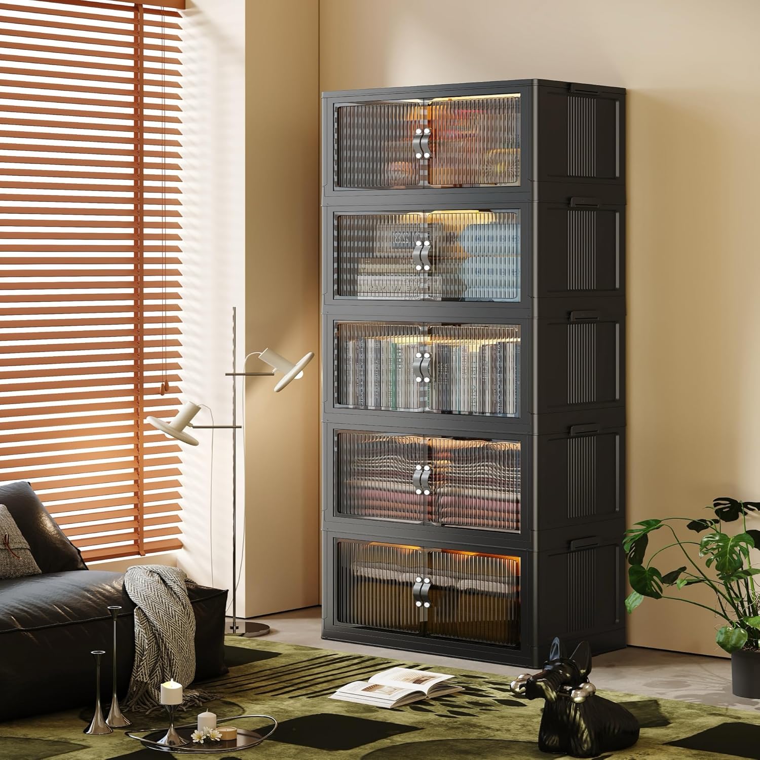 SAILUN 145Gal/580Qt Collapsible & Stackable Storage Bins with Door & a Lid,Perfect for Blanket Storage, Pillow Organizer, Bedroom Closet & Living Room, Black 26" W x 17" D x 71" H