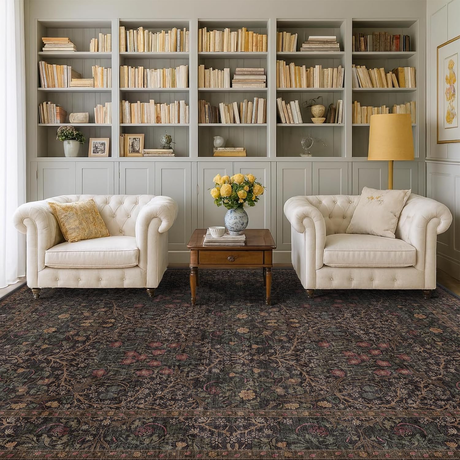 Dark Green Floral Living Room Rug 5x7 Area Rug - Vintage Forest Washable Mat for Dining Room, Bedroom, Low Pile Non Slip Stain Resistance Distressed Retro Indoor Boho Carpet (5x7 Dark Green)