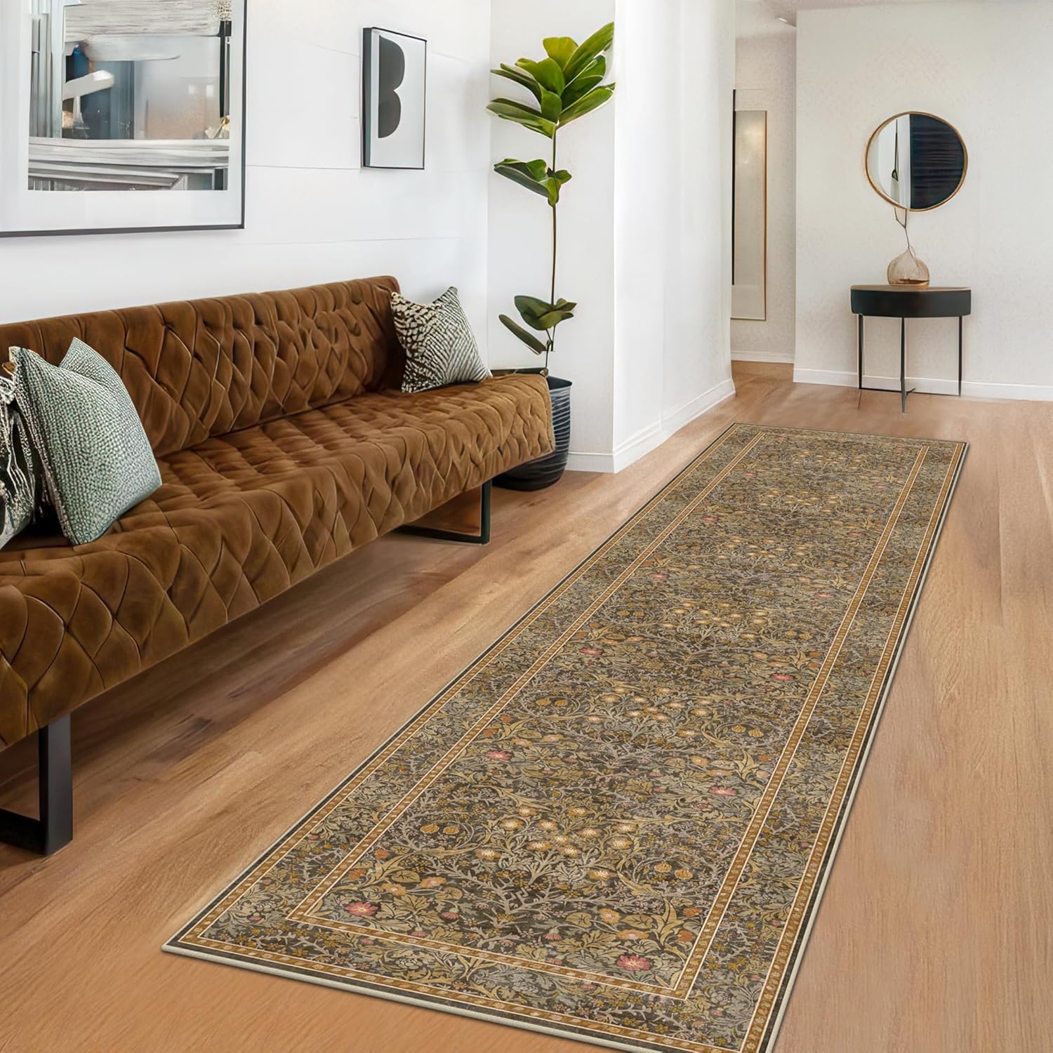 Dark Green Floral Living Room Rug 5x7 Area Rug - Vintage Forest Washable Mat for Dining Room, Bedroom, Low Pile Non Slip Stain Resistance Distressed Retro Indoor Boho Carpet (5x7 Dark Green)