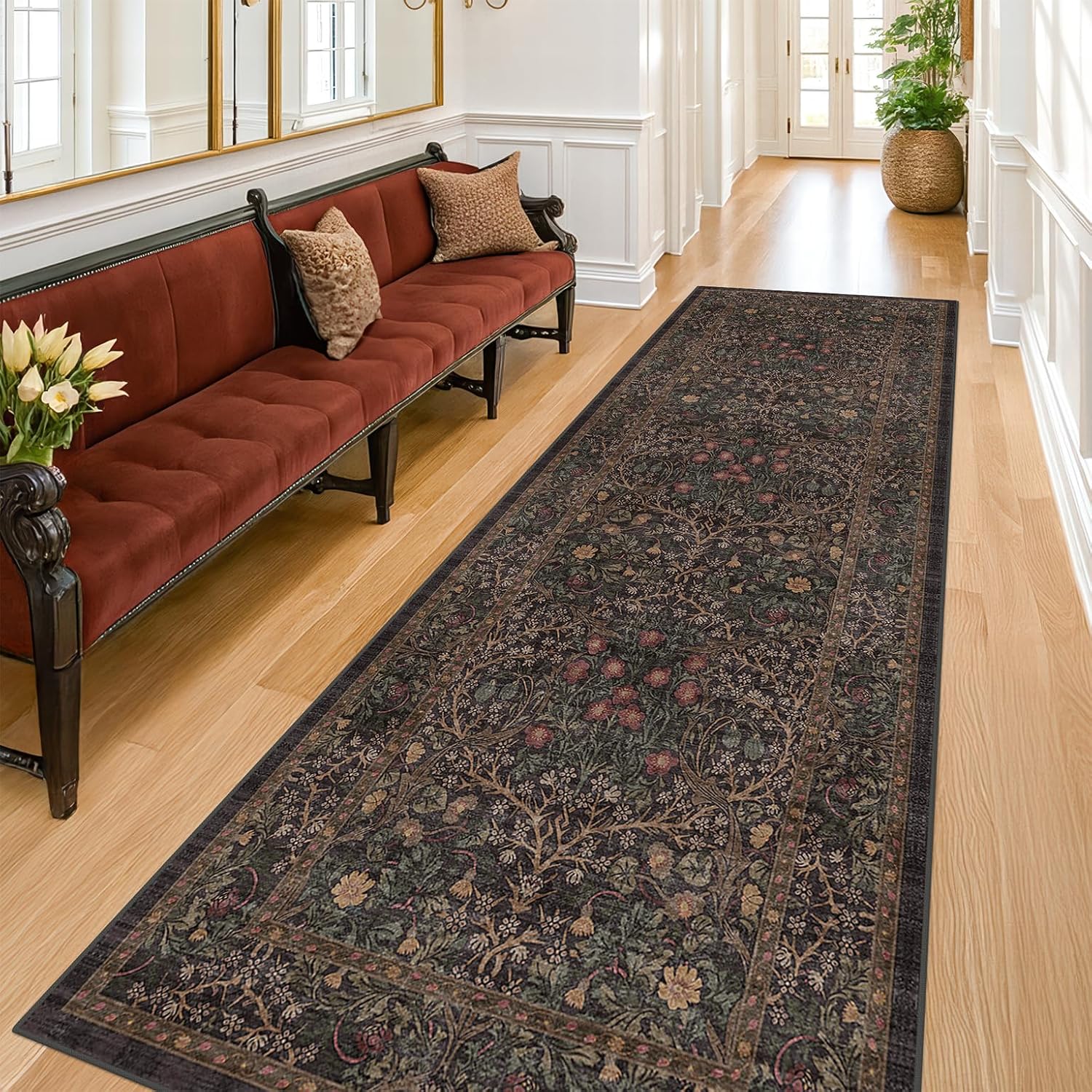 Dark Green Floral Living Room Rug 5x7 Area Rug - Vintage Forest Washable Mat for Dining Room, Bedroom, Low Pile Non Slip Stain Resistance Distressed Retro Indoor Boho Carpet (5x7 Dark Green)