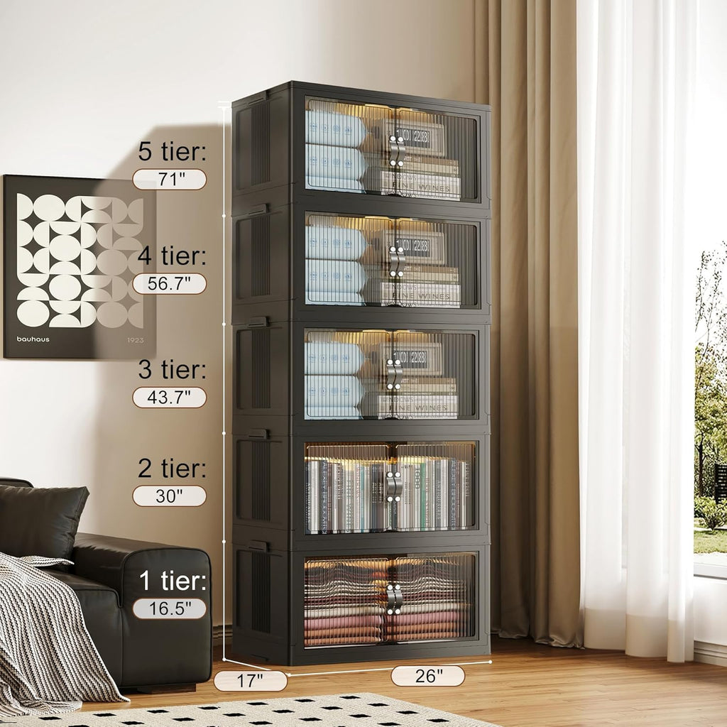 SAILUN 145Gal/580Qt Collapsible & Stackable Storage Bins with Door & a Lid,Perfect for Blanket Storage, Pillow Organizer, Bedroom Closet & Living Room, Black 26" W x 17" D x 71" H