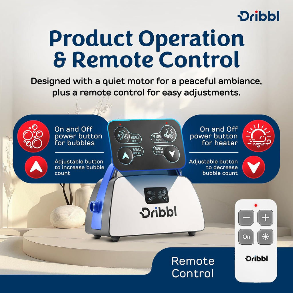 Dribbl Electric Bubble Massage Bathtub Mat – Non-Slip Full-Body Waterproof Hot Tub Spa Mat for Bath with Heater, Motorized Air Pump, and Remote Control, 6-Speed Adjustable Massage, Blue