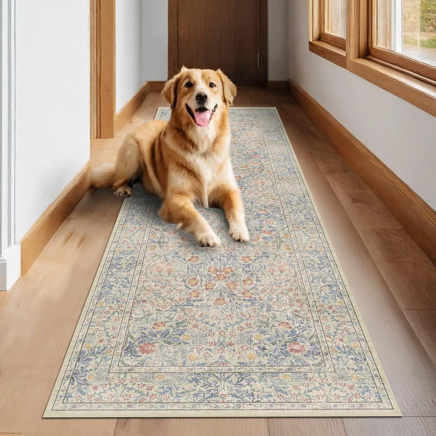 Dark Green Floral Living Room Rug 5x7 Area Rug - Vintage Forest Washable Mat for Dining Room, Bedroom, Low Pile Non Slip Stain Resistance Distressed Retro Indoor Boho Carpet (5x7 Dark Green)