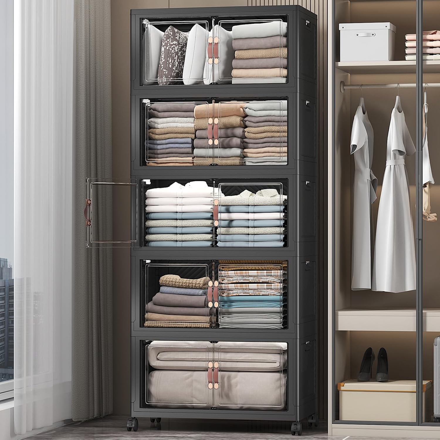 UAMFURI Extra Large Stackable Storage Bins with Lids & Wheels & Door, 660QT-165QT/41GAL*4Pack Foldable Collapsible Closet Organizers, Plastic Containers Drawers for Bedroom Dorm Garage