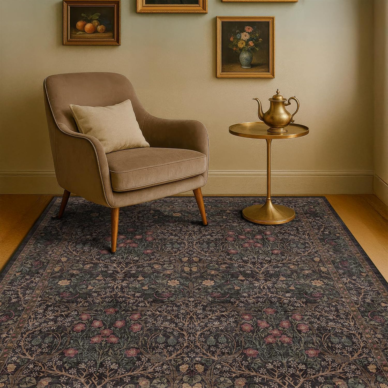 Dark Green Floral Living Room Rug 5x7 Area Rug - Vintage Forest Washable Mat for Dining Room, Bedroom, Low Pile Non Slip Stain Resistance Distressed Retro Indoor Boho Carpet (5x7 Dark Green)