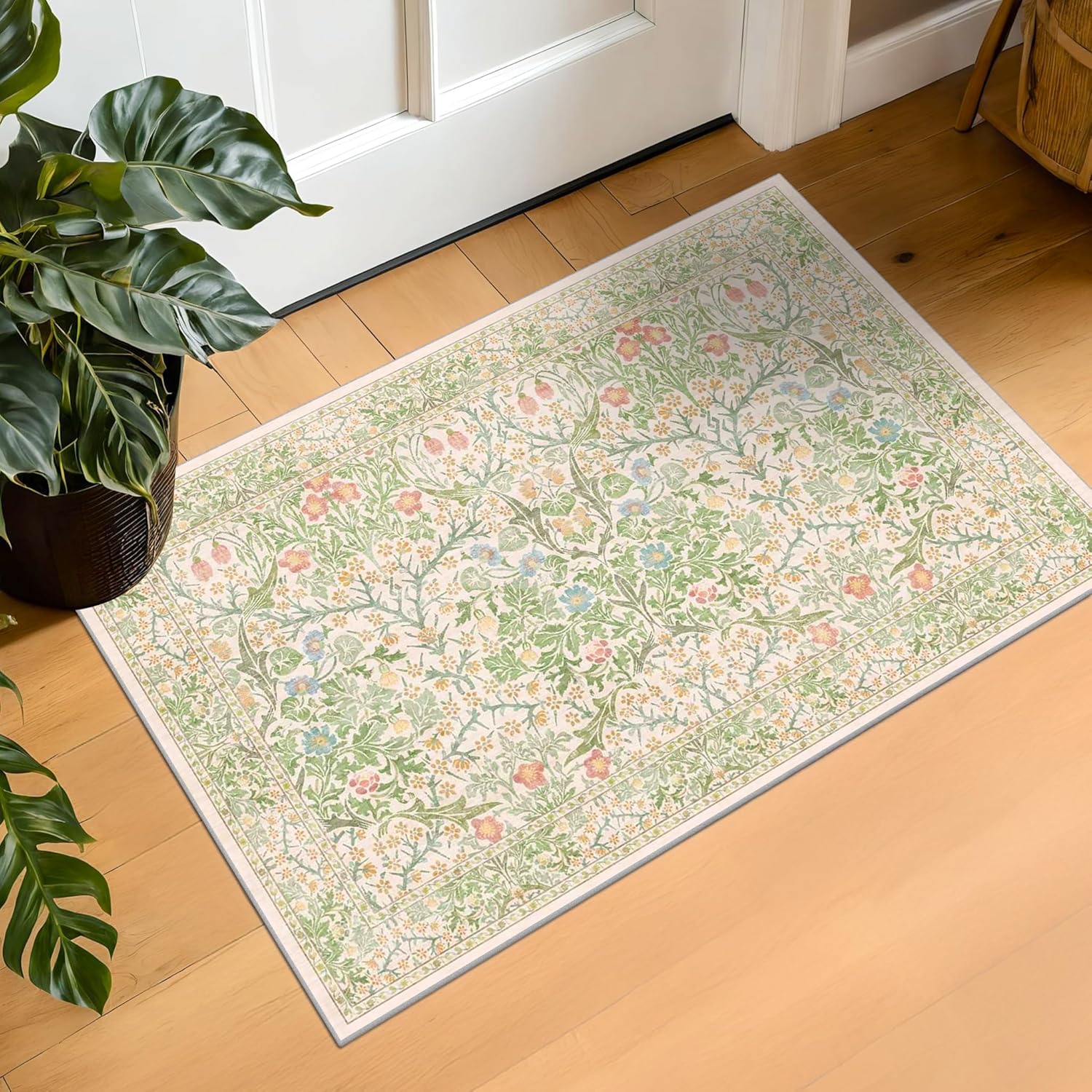 Dark Green Floral Living Room Rug 5x7 Area Rug - Vintage Forest Washable Mat for Dining Room, Bedroom, Low Pile Non Slip Stain Resistance Distressed Retro Indoor Boho Carpet (5x7 Dark Green)