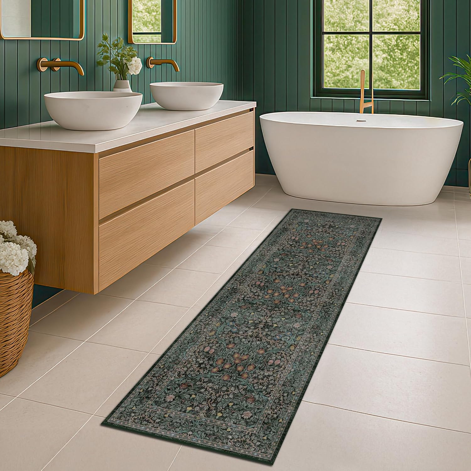 Dark Green Floral Living Room Rug 5x7 Area Rug - Vintage Forest Washable Mat for Dining Room, Bedroom, Low Pile Non Slip Stain Resistance Distressed Retro Indoor Boho Carpet (5x7 Dark Green)