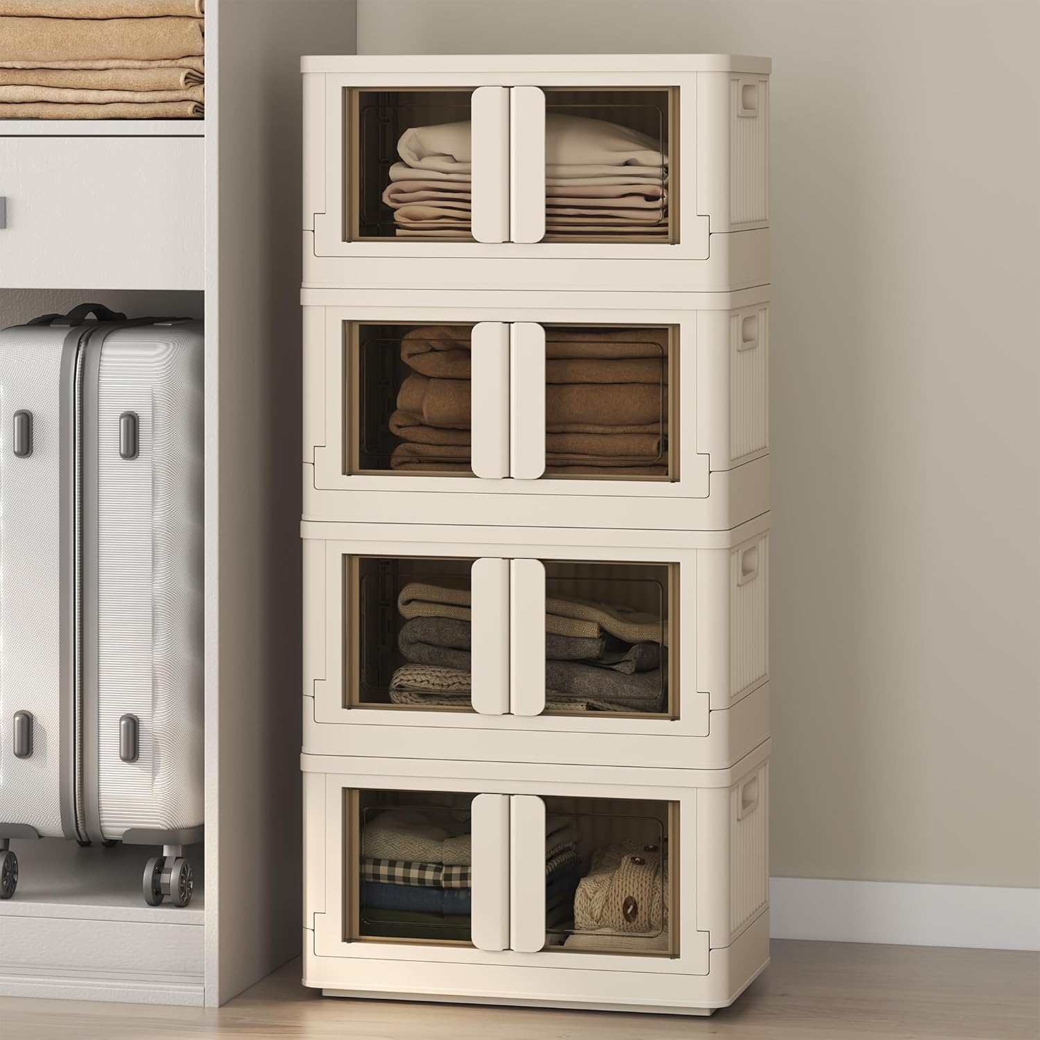 FLEXIMOUNTS 228 QT Stackable Storage Bins With Lids, Collapsible Plastic Storage Bins With Doors and Built-in Wheels For Home Dorm Closet Organizers and Storage, 3 Pack Cubes, Black