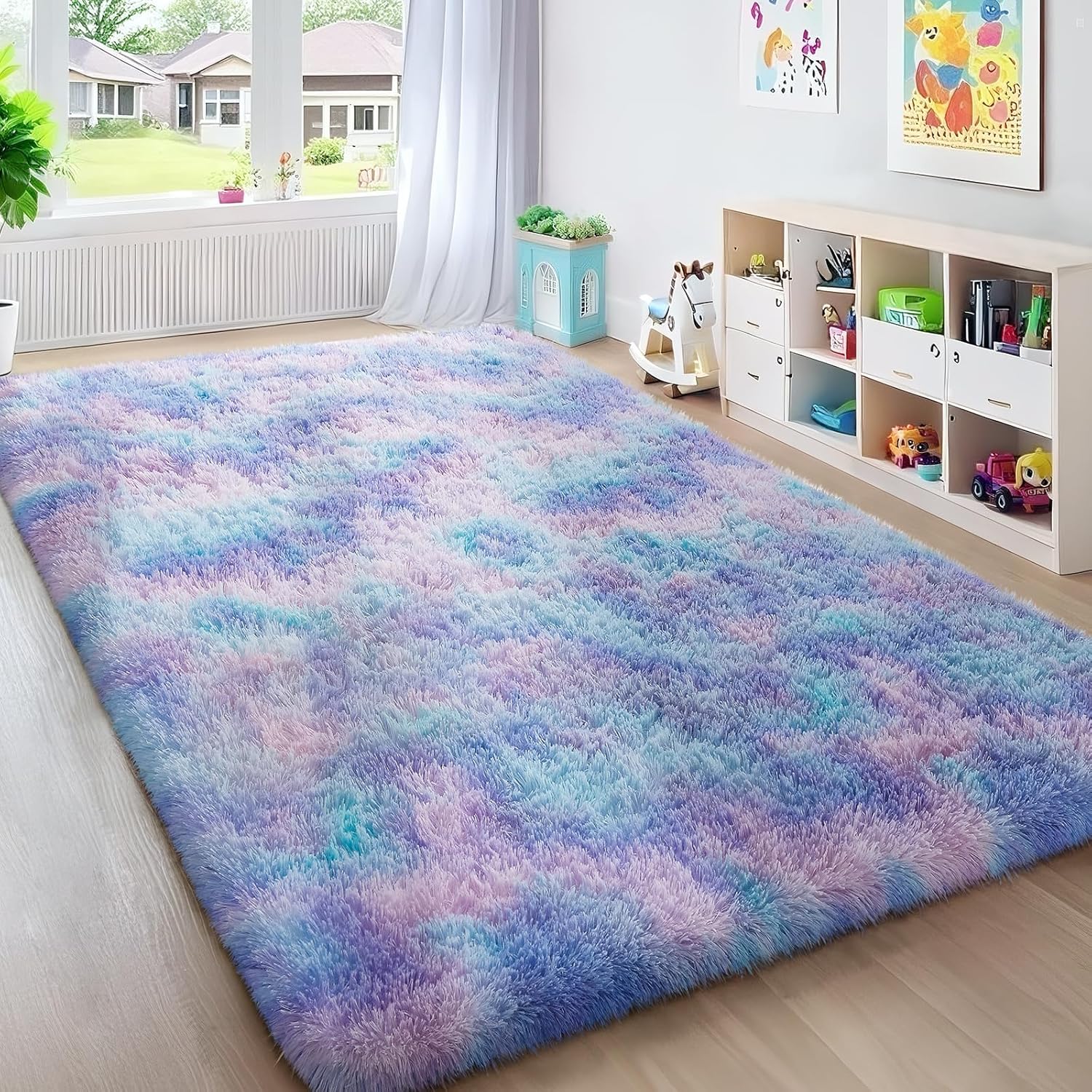 Ophanie 5x8 Blue Rugs for Living Room, Kids Nursery Rug Aesthetic, Playroom Navy Area Rugs for Boys Girls Teen Home Decor, Fluffy Fuzzy Soft Plush Shaggy Bedside Floor Bedroom Carpet for Teen