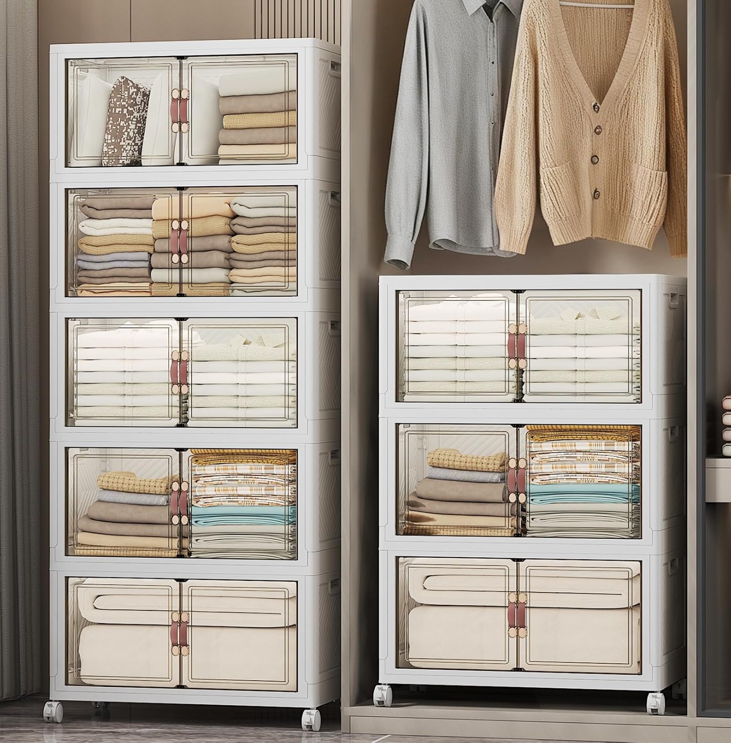 UAMFURI Extra Large Stackable Storage Bins with Lids & Wheels & Door, 660QT-165QT/41GAL*4Pack Foldable Collapsible Closet Organizers, Plastic Containers Drawers for Bedroom Dorm Garage