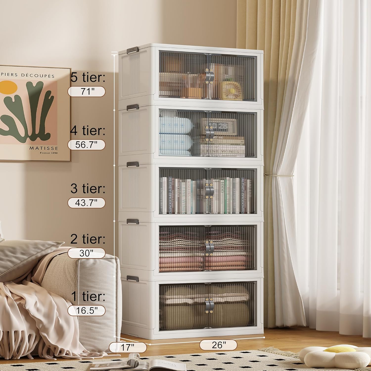 SAILUN 145Gal/580Qt Stackable Storage Bins Folding Collapsible Storage Bins with Lid, Closet Organizers and Storage, Grey 26" W x 17" D x 71" H