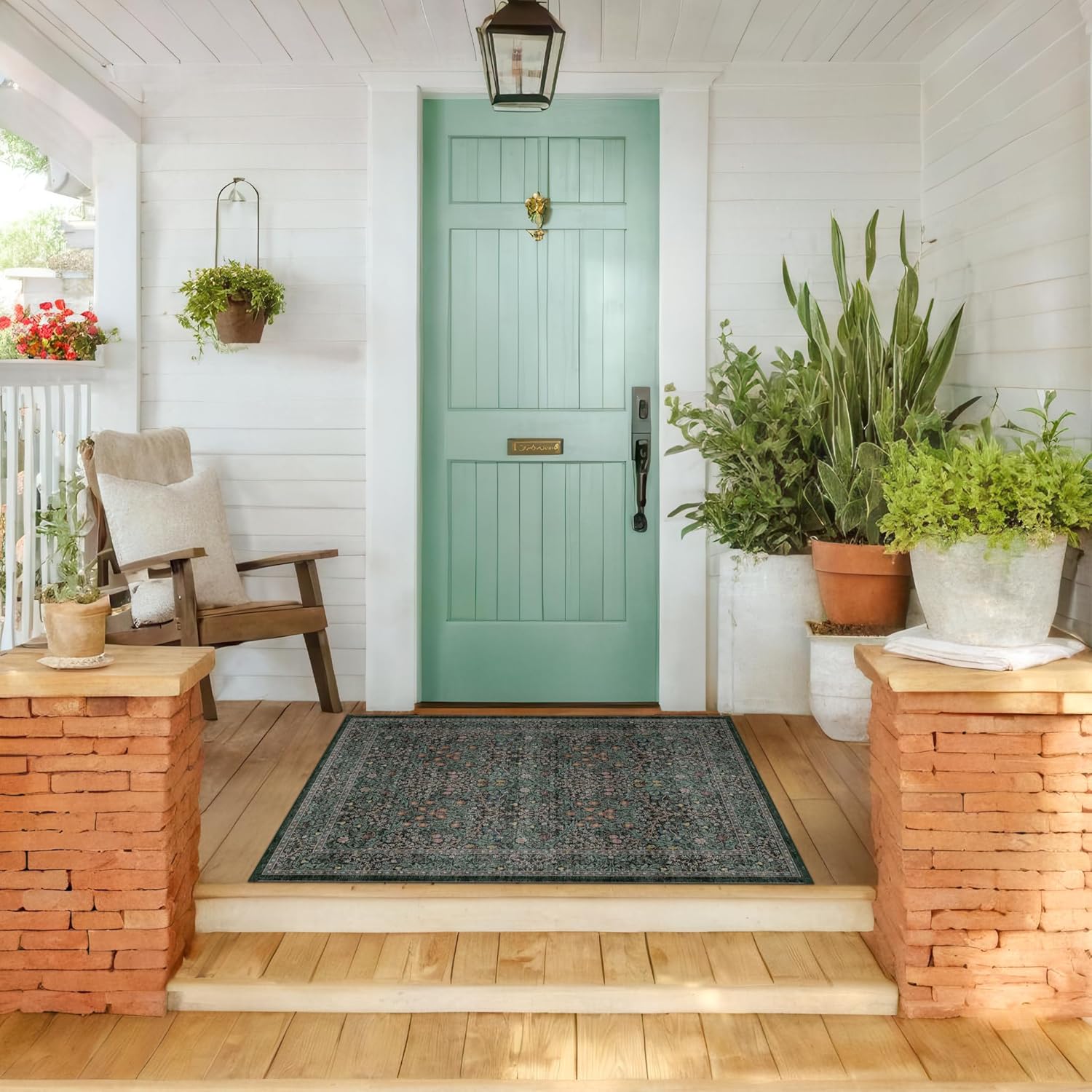 Dark Green Floral Living Room Rug 5x7 Area Rug - Vintage Forest Washable Mat for Dining Room, Bedroom, Low Pile Non Slip Stain Resistance Distressed Retro Indoor Boho Carpet (5x7 Dark Green)