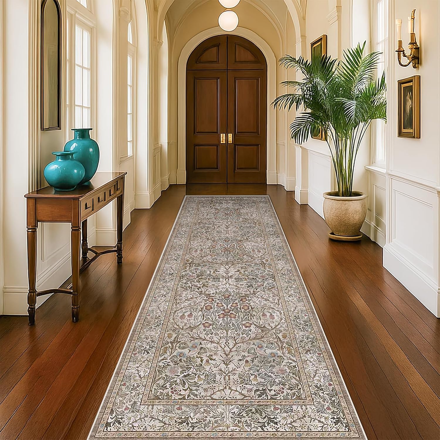 Dark Green Floral Living Room Rug 5x7 Area Rug - Vintage Forest Washable Mat for Dining Room, Bedroom, Low Pile Non Slip Stain Resistance Distressed Retro Indoor Boho Carpet (5x7 Dark Green)