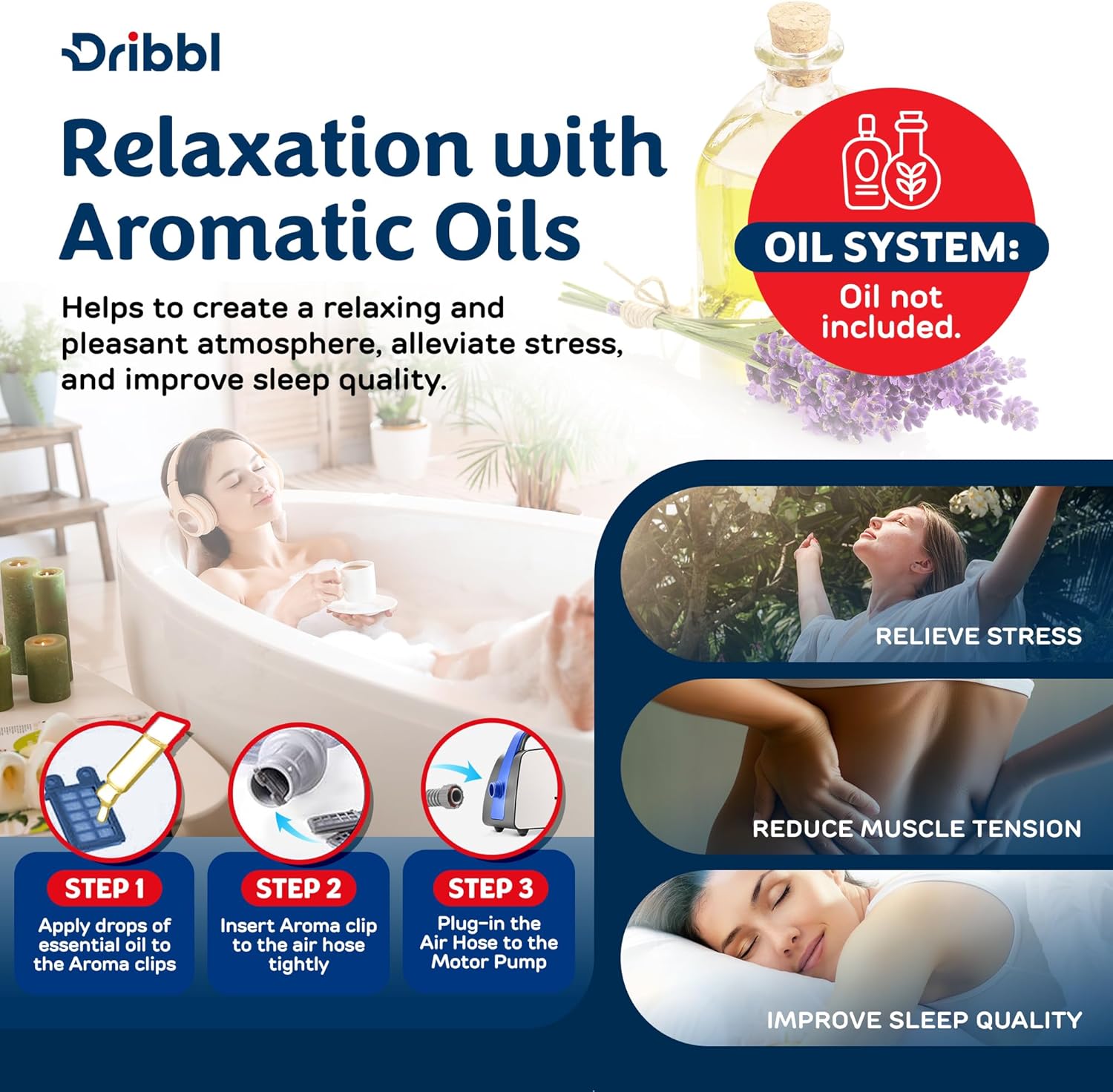 Dribbl Electric Bubble Massage Bathtub Mat – Non-Slip Full-Body Waterproof Hot Tub Spa Mat for Bath with Heater, Motorized Air Pump, and Remote Control, 6-Speed Adjustable Massage, Blue