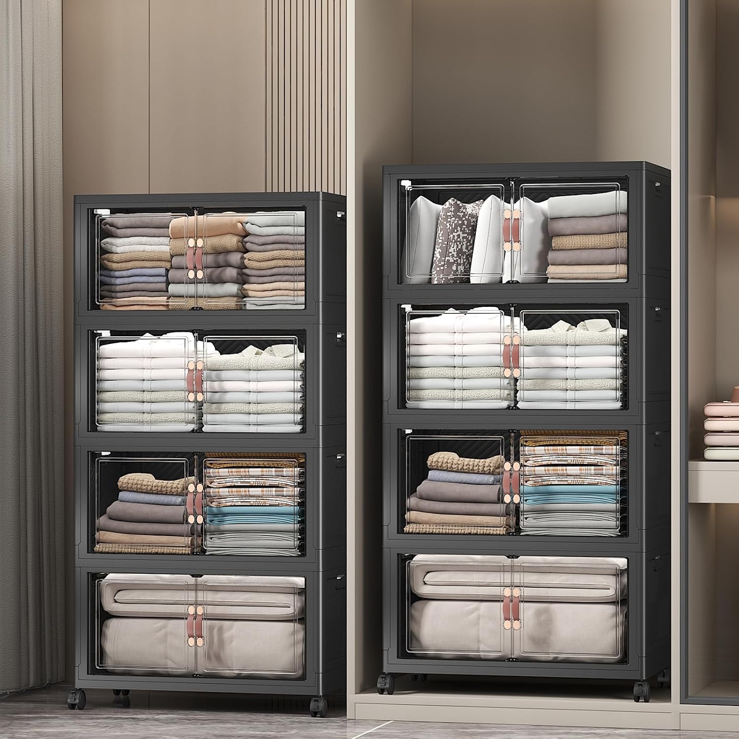 UAMFURI Extra Large Stackable Storage Bins with Lids & Wheels & Door, 660QT-165QT/41GAL*4Pack Foldable Collapsible Closet Organizers, Plastic Containers Drawers for Bedroom Dorm Garage