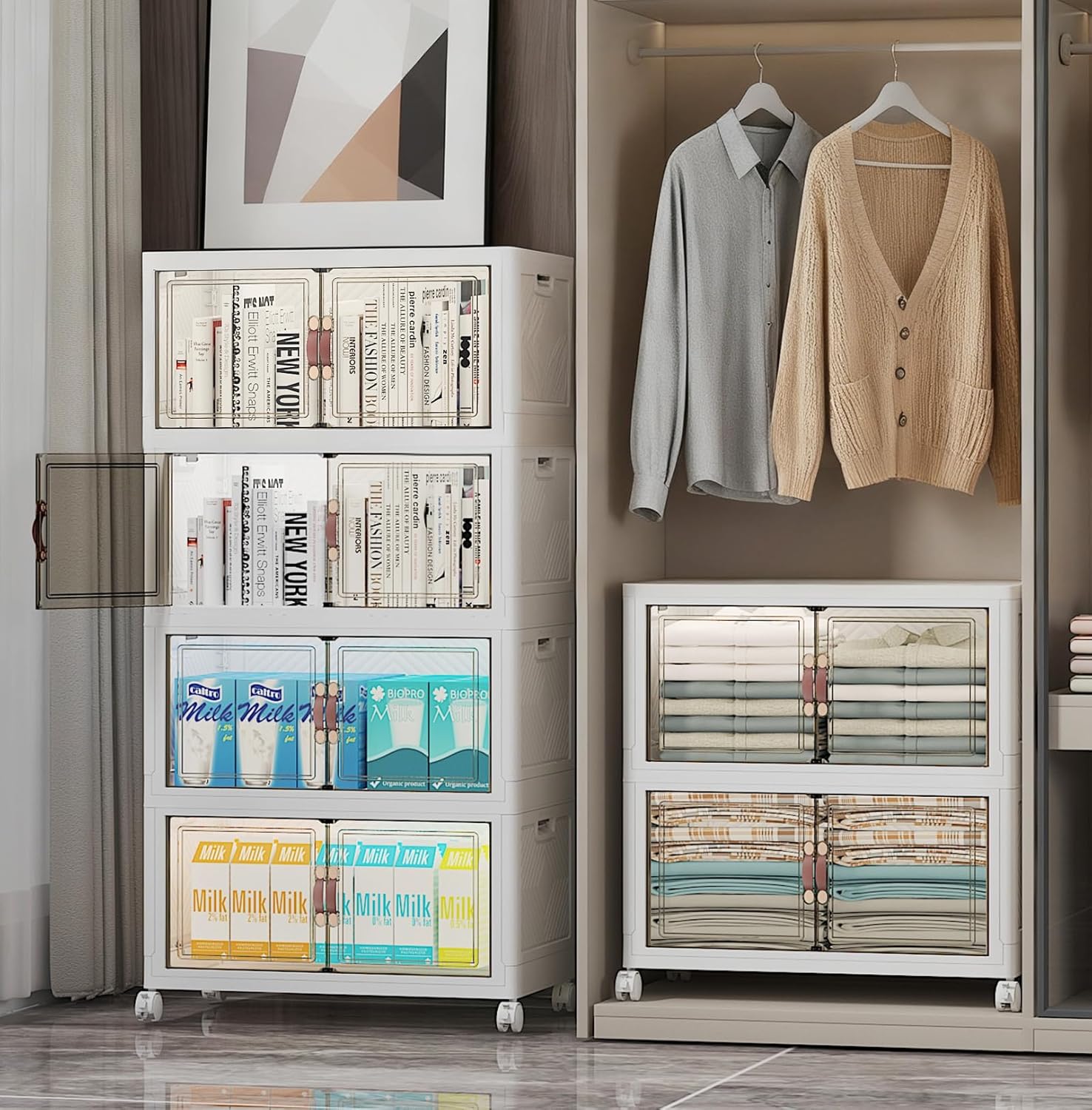 UAMFURI Extra Large Stackable Storage Bins with Lids & Wheels & Door, 660QT-165QT/41GAL*4Pack Foldable Collapsible Closet Organizers, Plastic Containers Drawers for Bedroom Dorm Garage