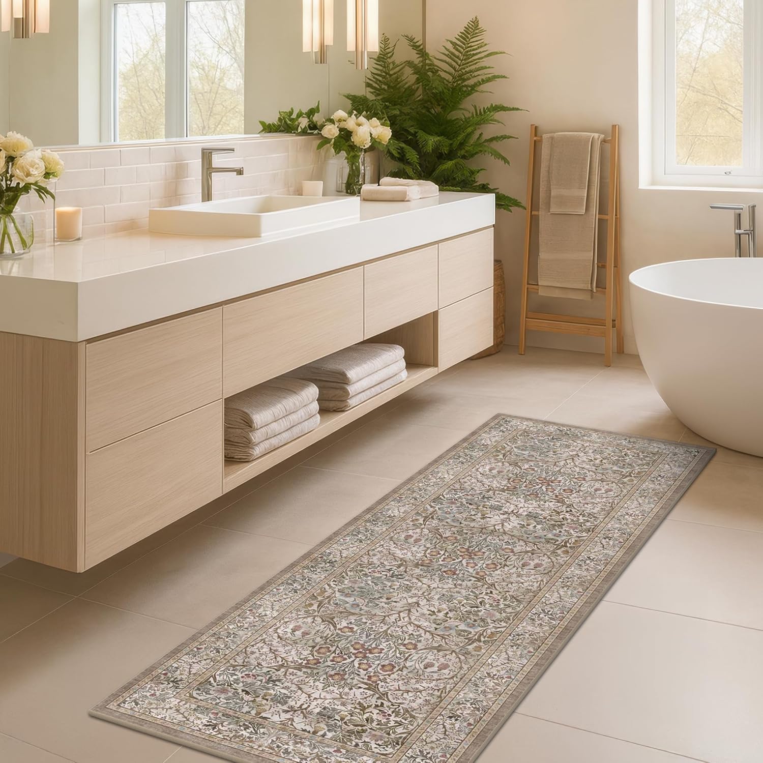 Dark Green Floral Living Room Rug 5x7 Area Rug - Vintage Forest Washable Mat for Dining Room, Bedroom, Low Pile Non Slip Stain Resistance Distressed Retro Indoor Boho Carpet (5x7 Dark Green)