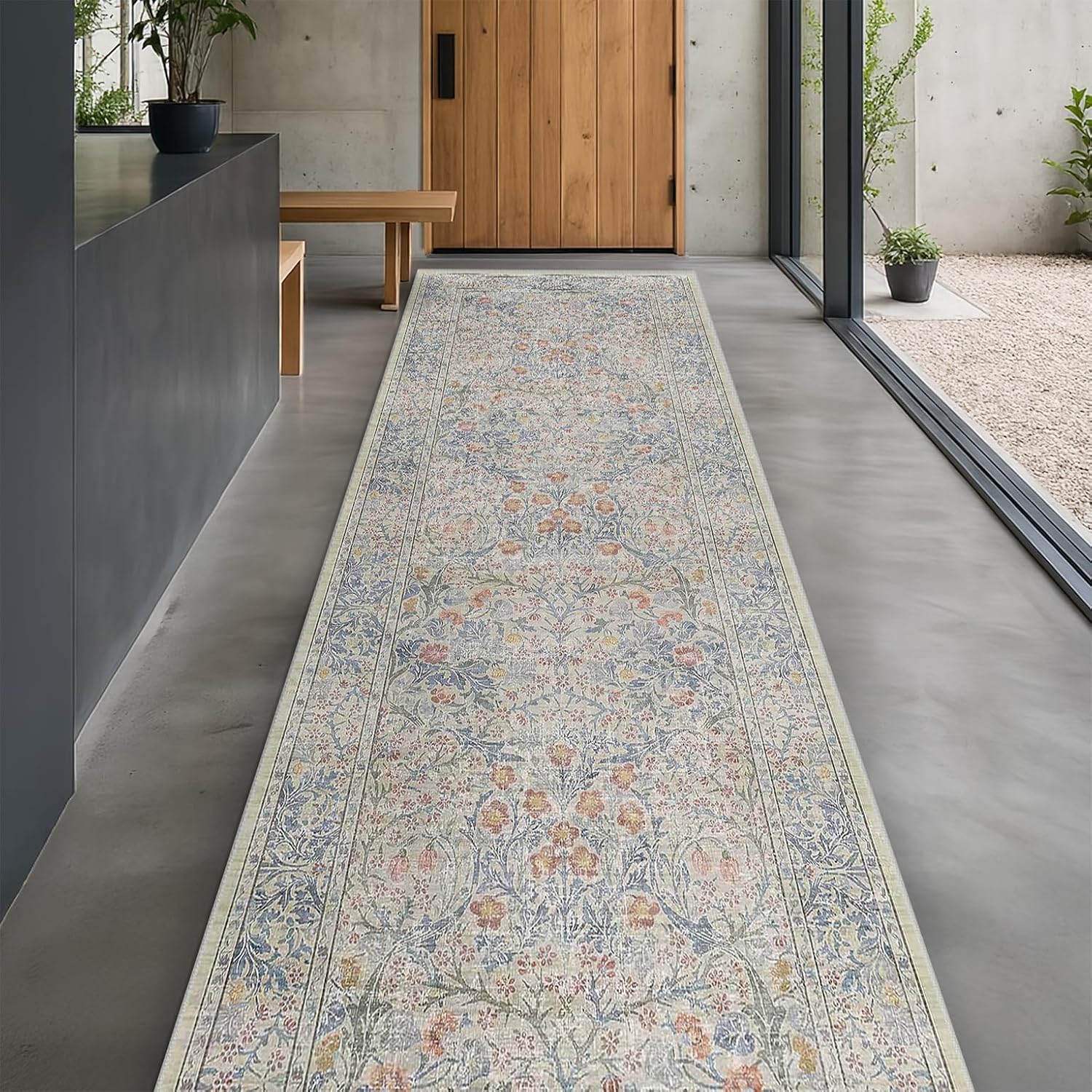 Dark Green Floral Living Room Rug 5x7 Area Rug - Vintage Forest Washable Mat for Dining Room, Bedroom, Low Pile Non Slip Stain Resistance Distressed Retro Indoor Boho Carpet (5x7 Dark Green)