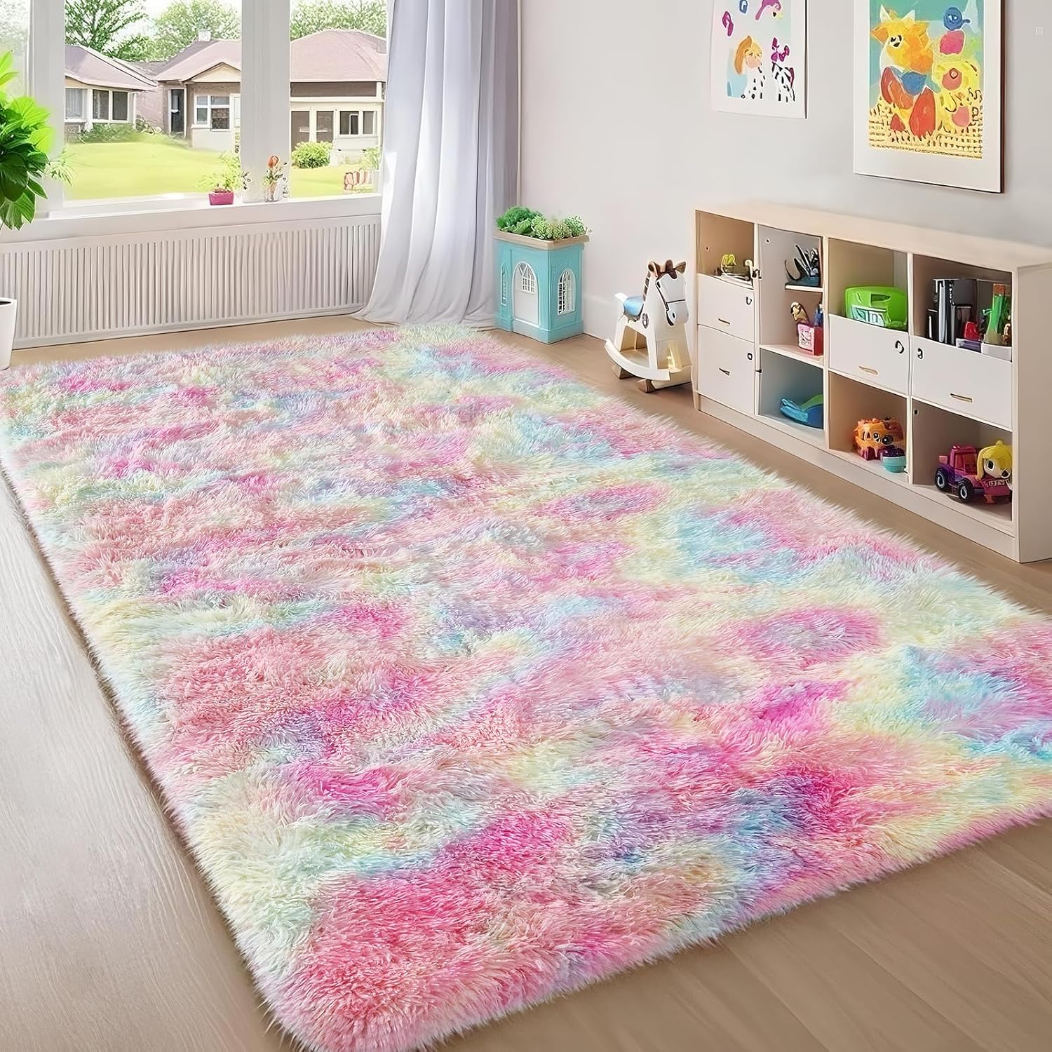 Ophanie 5x8 Blue Rugs for Living Room, Kids Nursery Rug Aesthetic, Playroom Navy Area Rugs for Boys Girls Teen Home Decor, Fluffy Fuzzy Soft Plush Shaggy Bedside Floor Bedroom Carpet for Teen