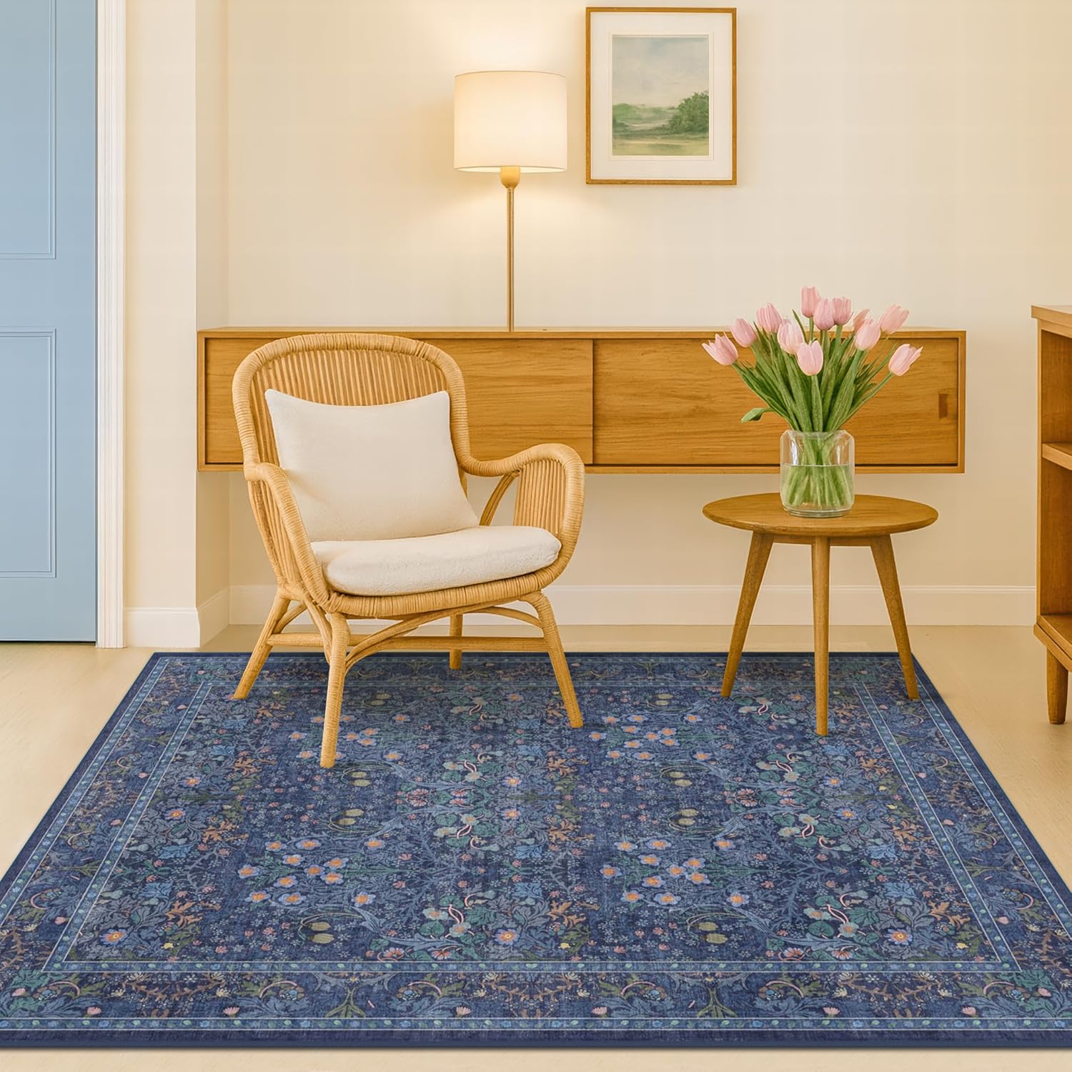 Dark Green Floral Living Room Rug 5x7 Area Rug - Vintage Forest Washable Mat for Dining Room, Bedroom, Low Pile Non Slip Stain Resistance Distressed Retro Indoor Boho Carpet (5x7 Dark Green)