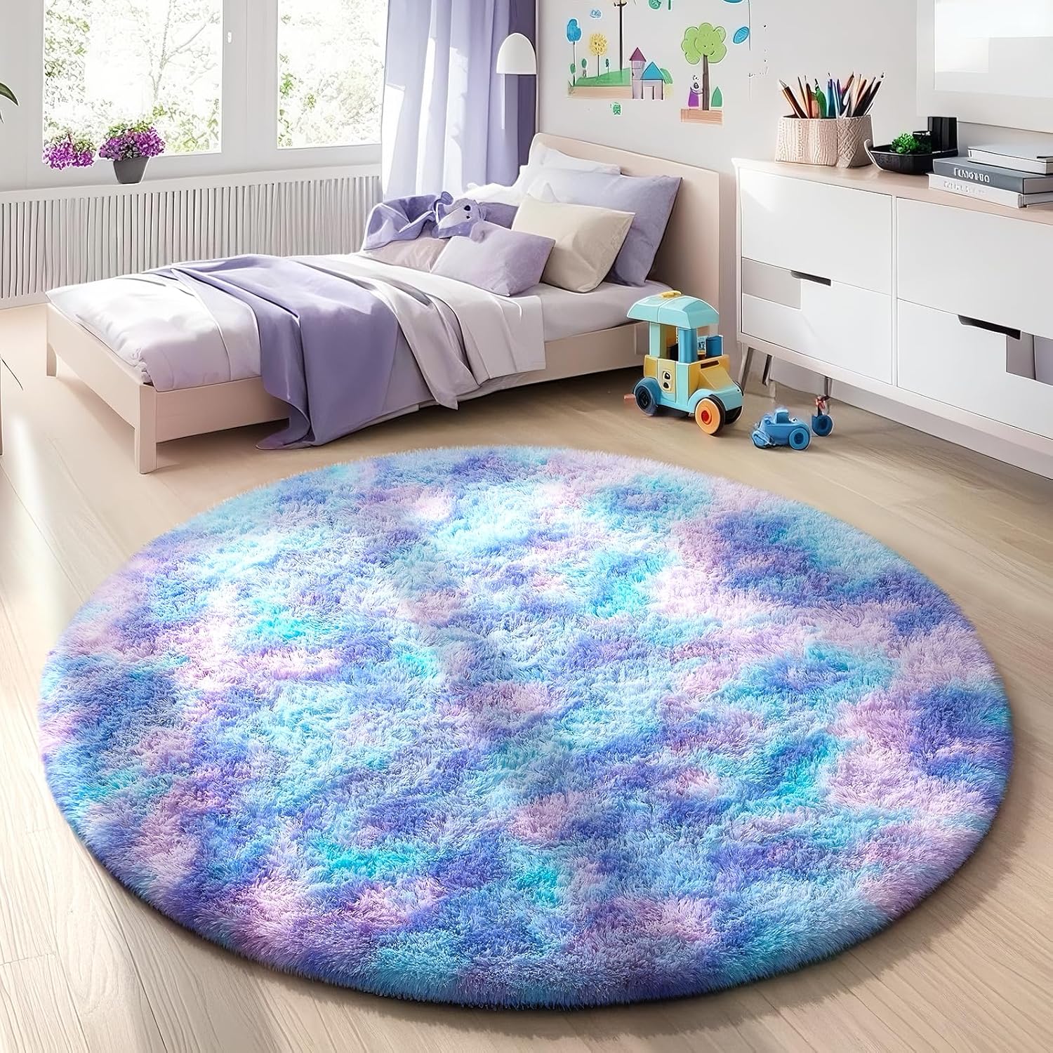 Ophanie 5x8 Blue Rugs for Living Room, Kids Nursery Rug Aesthetic, Playroom Navy Area Rugs for Boys Girls Teen Home Decor, Fluffy Fuzzy Soft Plush Shaggy Bedside Floor Bedroom Carpet for Teen