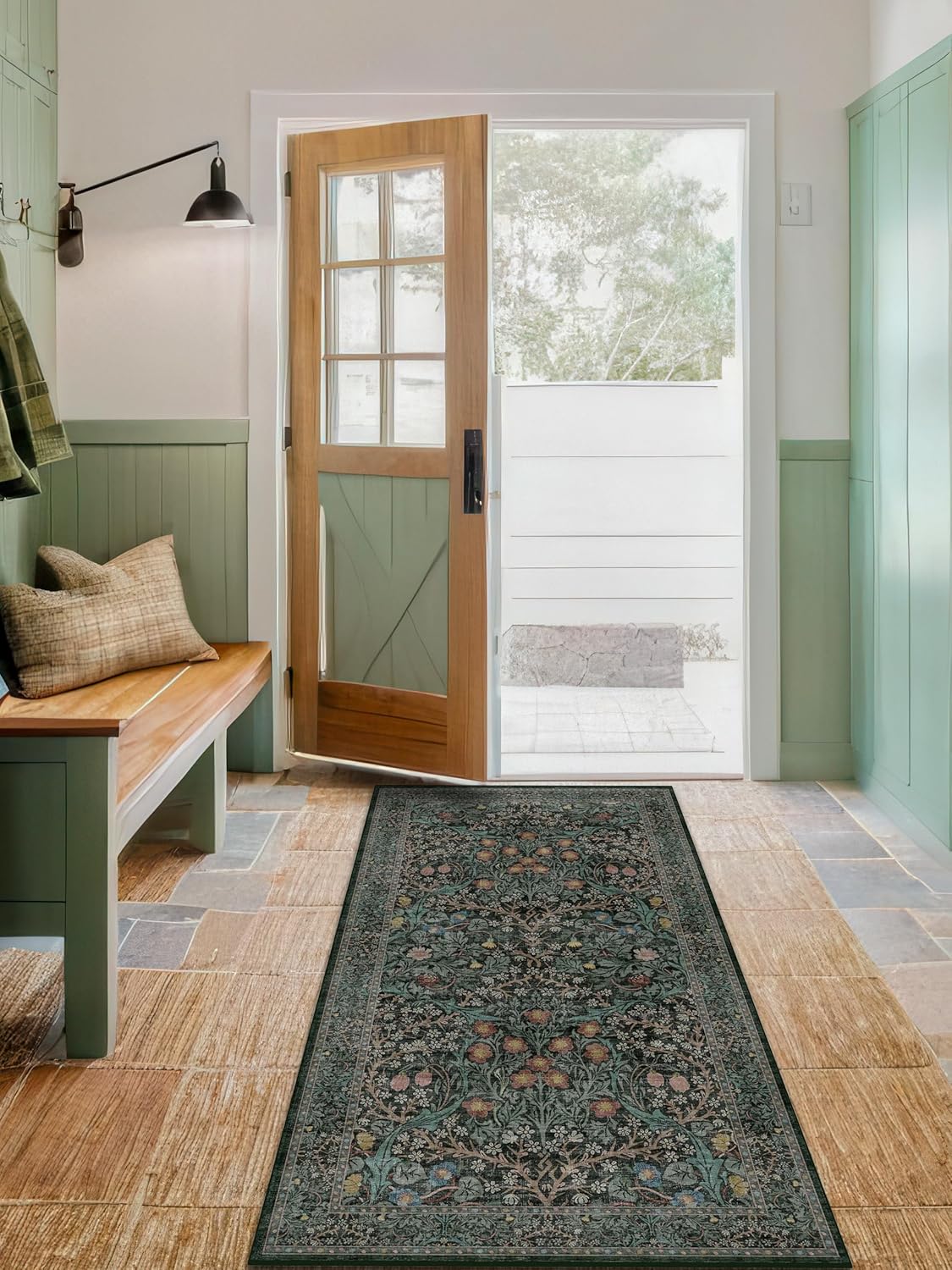 Dark Green Floral Living Room Rug 5x7 Area Rug - Vintage Forest Washable Mat for Dining Room, Bedroom, Low Pile Non Slip Stain Resistance Distressed Retro Indoor Boho Carpet (5x7 Dark Green)