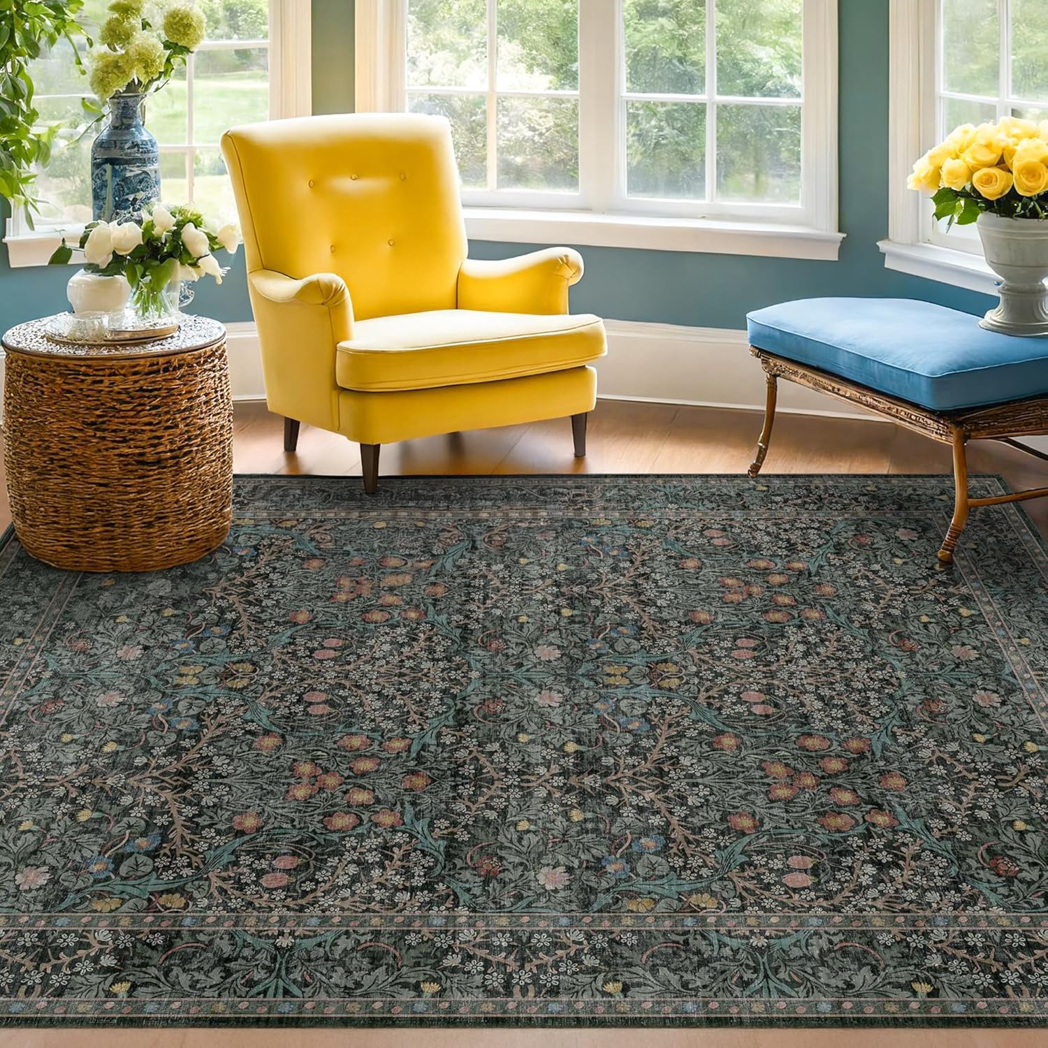 Dark Green Floral Living Room Rug 5x7 Area Rug - Vintage Forest Washable Mat for Dining Room, Bedroom, Low Pile Non Slip Stain Resistance Distressed Retro Indoor Boho Carpet (5x7 Dark Green)