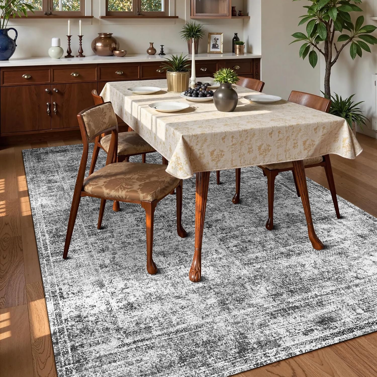 Washable Area Rug 8' x 10' Vintage Traditional Persian Mat - Foldable Distressed Non-Slip Machine Washable Carpet for Living Room Bedroom Kitchen Home Decor - Graphite and Mist