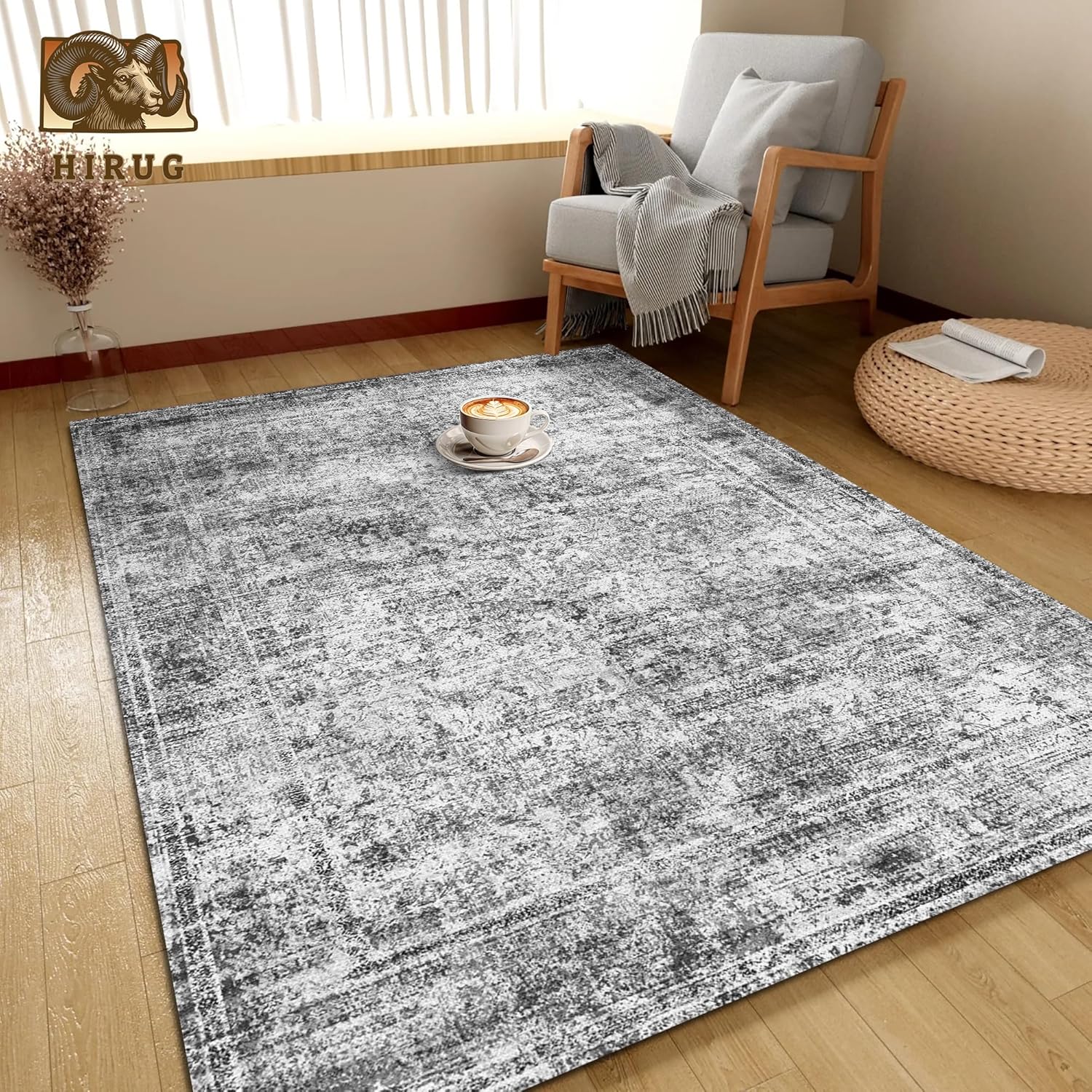 Washable Area Rug 8' x 10' Vintage Traditional Persian Mat - Foldable Distressed Non-Slip Machine Washable Carpet for Living Room Bedroom Kitchen Home Decor - Graphite and Mist