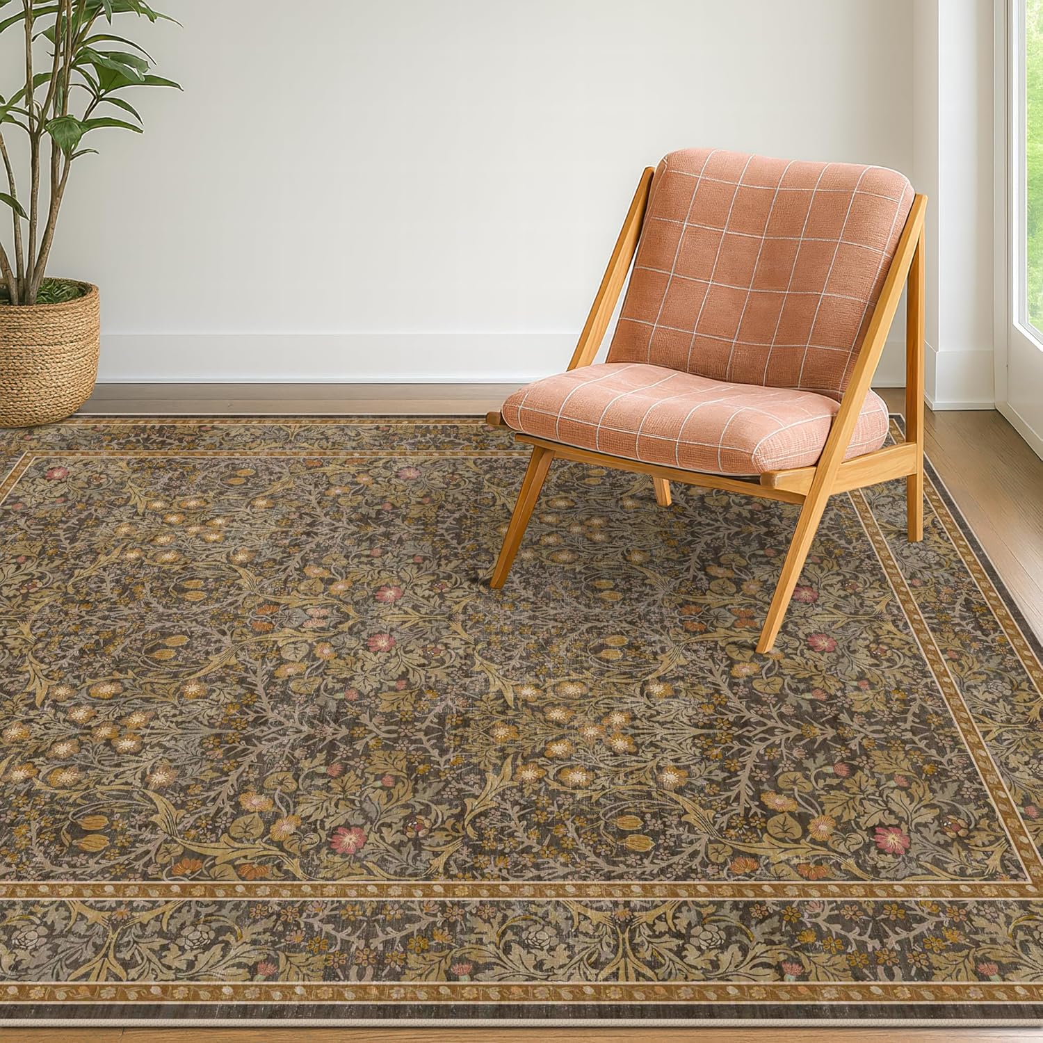 Dark Green Floral Living Room Rug 5x7 Area Rug - Vintage Forest Washable Mat for Dining Room, Bedroom, Low Pile Non Slip Stain Resistance Distressed Retro Indoor Boho Carpet (5x7 Dark Green)