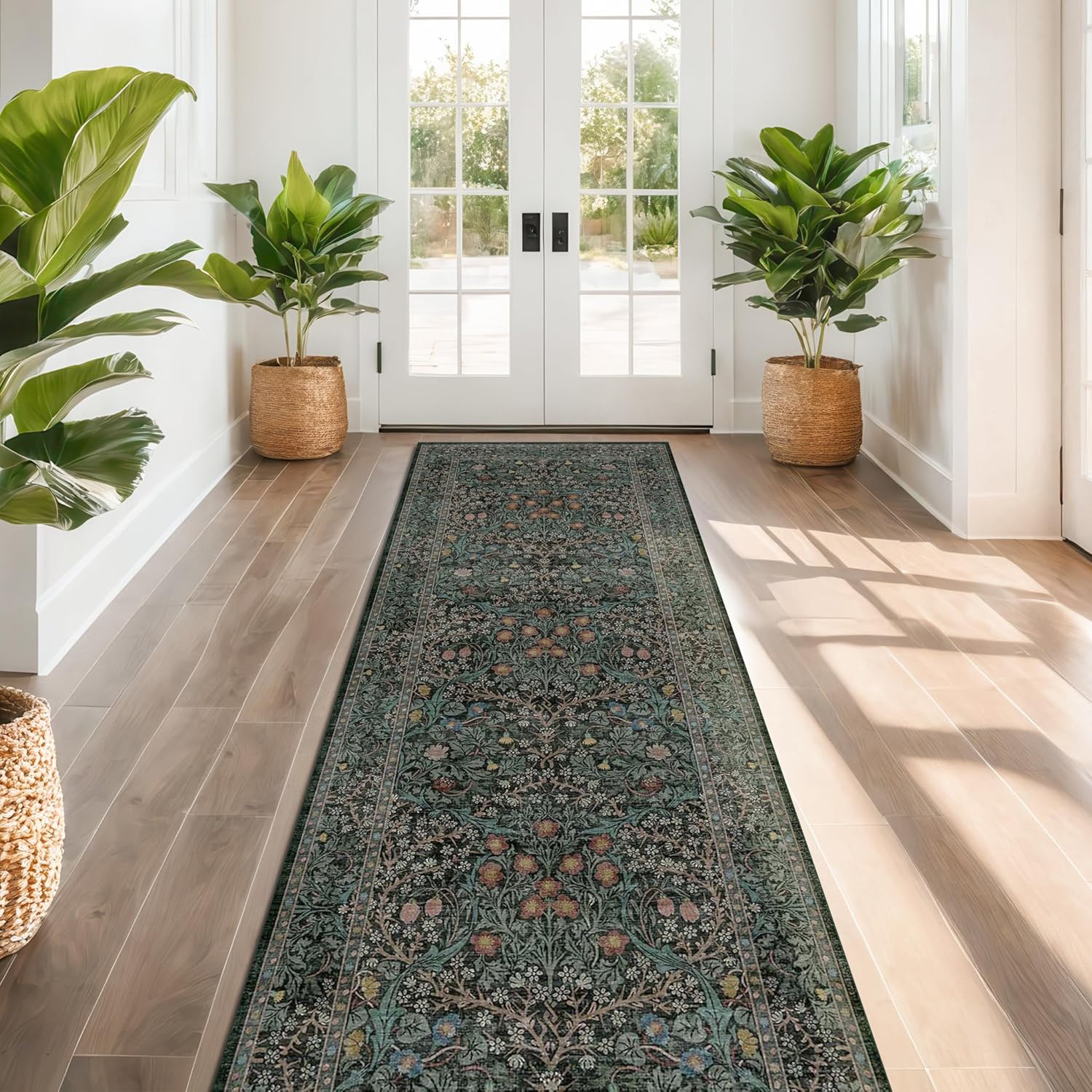 Dark Green Floral Living Room Rug 5x7 Area Rug - Vintage Forest Washable Mat for Dining Room, Bedroom, Low Pile Non Slip Stain Resistance Distressed Retro Indoor Boho Carpet (5x7 Dark Green)