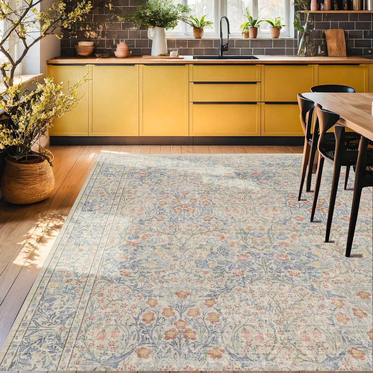 Dark Green Floral Living Room Rug 5x7 Area Rug - Vintage Forest Washable Mat for Dining Room, Bedroom, Low Pile Non Slip Stain Resistance Distressed Retro Indoor Boho Carpet (5x7 Dark Green)