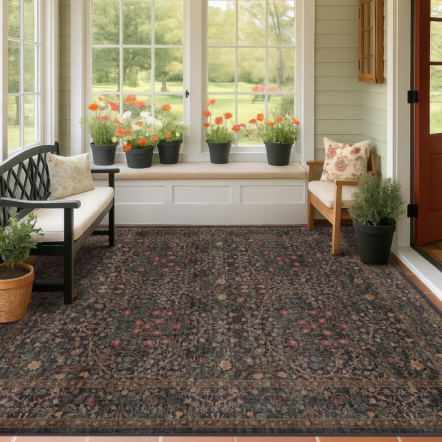 Dark Green Floral Living Room Rug 5x7 Area Rug - Vintage Forest Washable Mat for Dining Room, Bedroom, Low Pile Non Slip Stain Resistance Distressed Retro Indoor Boho Carpet (5x7 Dark Green)