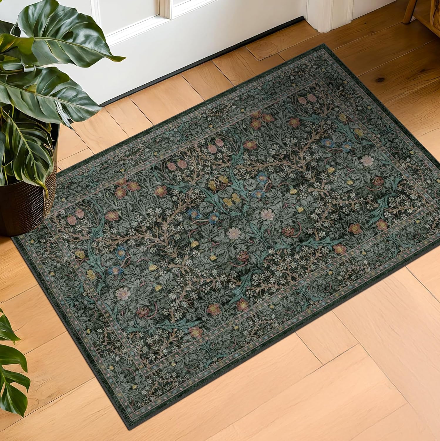 Dark Green Floral Living Room Rug 5x7 Area Rug - Vintage Forest Washable Mat for Dining Room, Bedroom, Low Pile Non Slip Stain Resistance Distressed Retro Indoor Boho Carpet (5x7 Dark Green)